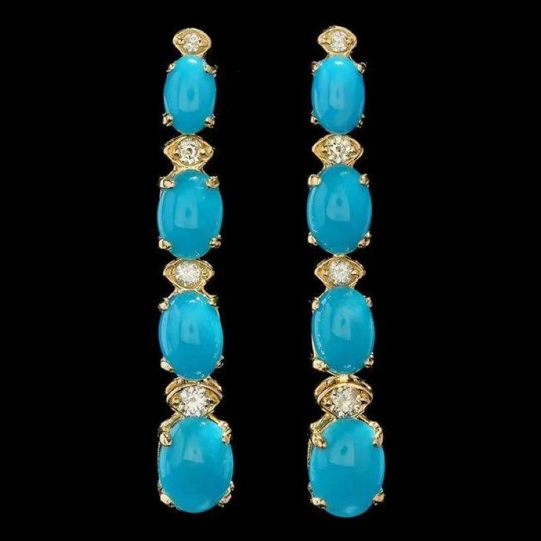 5.70Ct Natural Turquoise and Diamond 14K Solid Yellow Gold Earrings In New Condition For Sale In Los Angeles, CA
