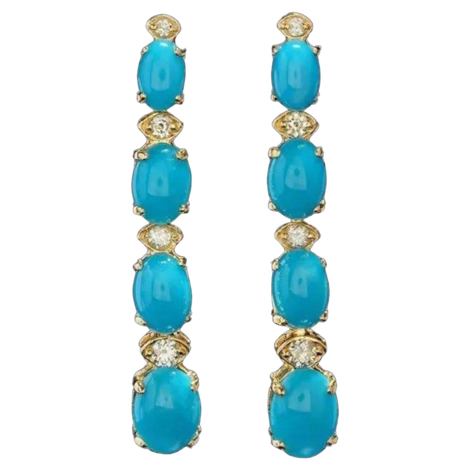 5.70Ct Natural Turquoise and Diamond 14K Solid Yellow Gold Earrings For Sale