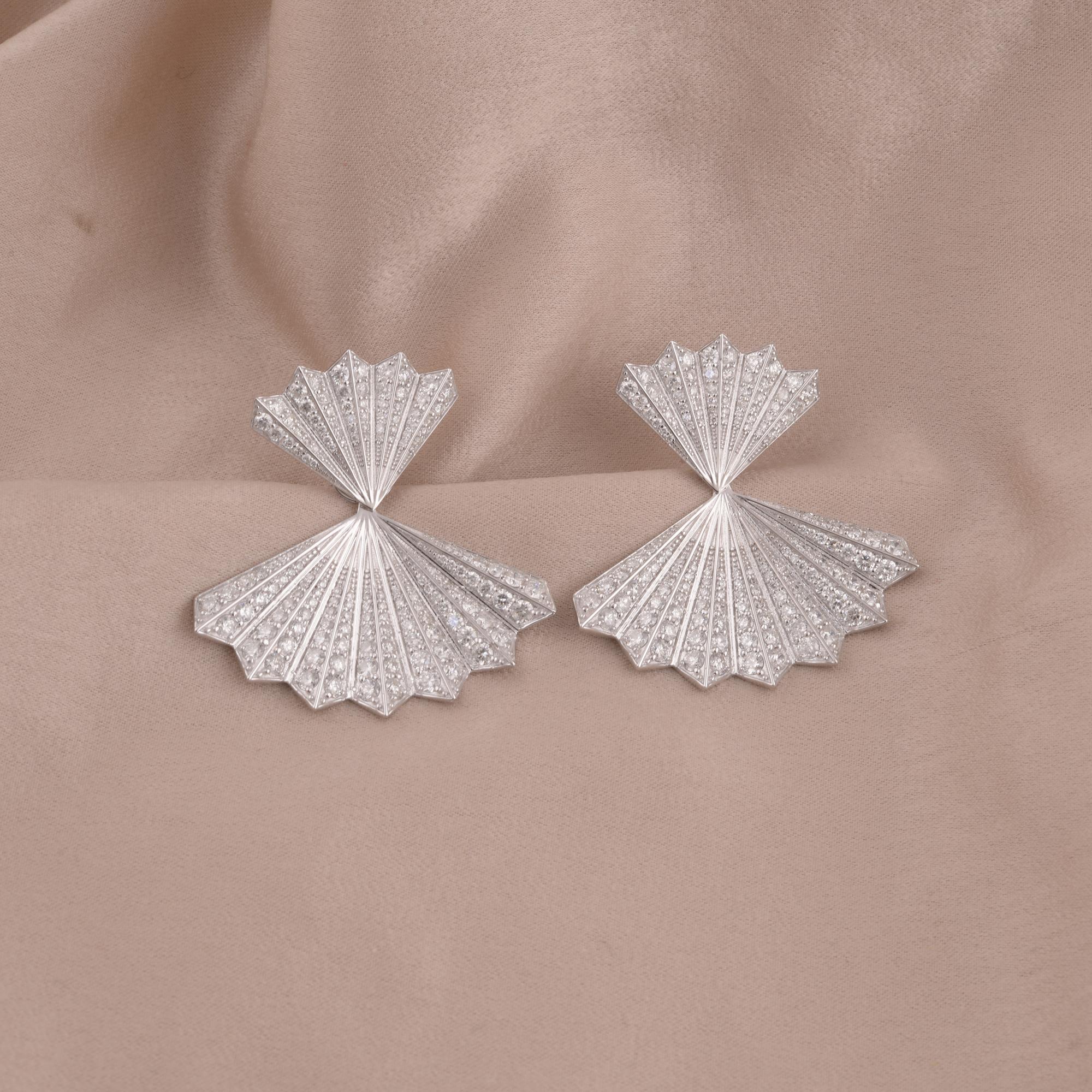 Modern 5.71 Carat Diamond Pave Double Fan Earrings 18 Karat White Gold Handmade Jewelry For Sale