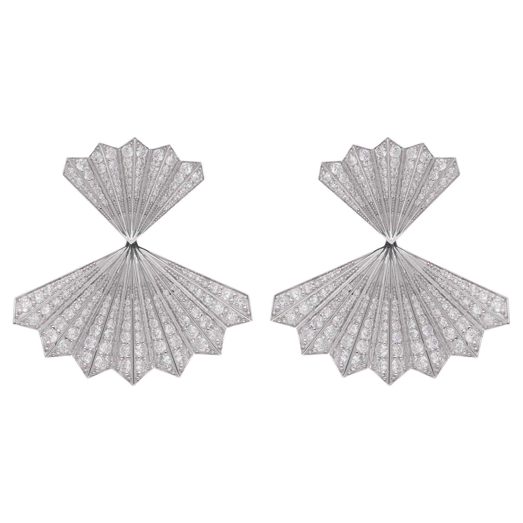 5.71 Carat Diamond Pave Double Fan Earrings 18 Karat White Gold Handmade Jewelry