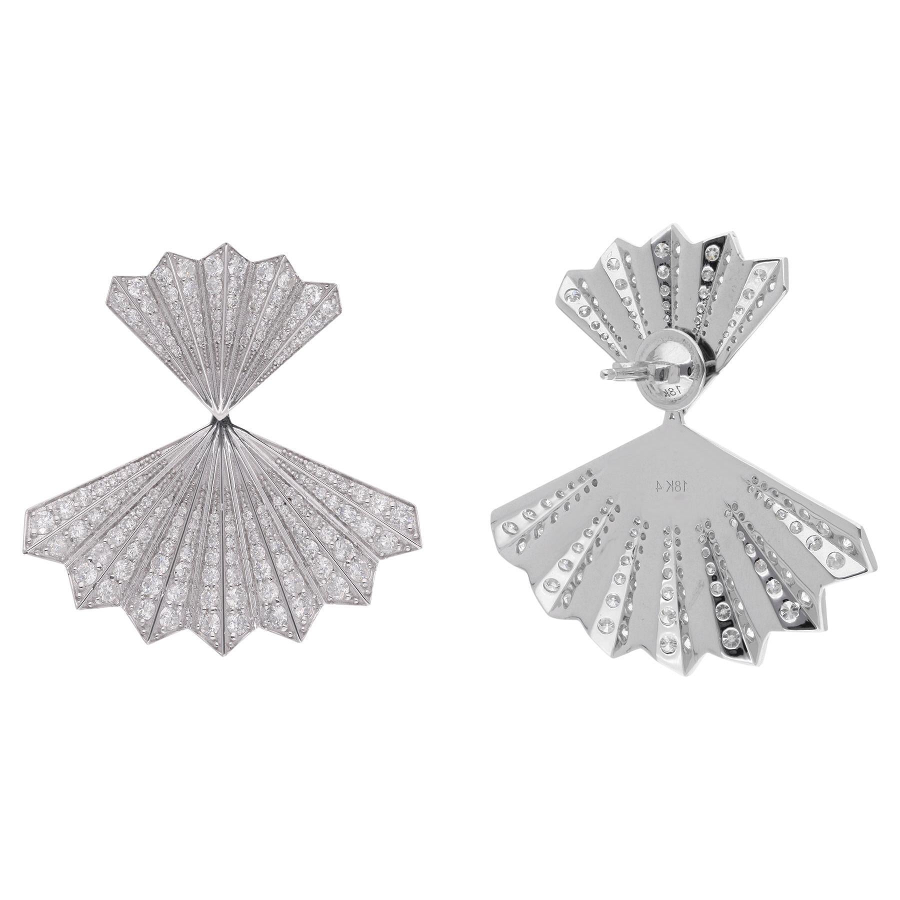 5.71 Carat Diamond Pave Double Fan Earrings 18 Karat White Gold Handmade Jewelry