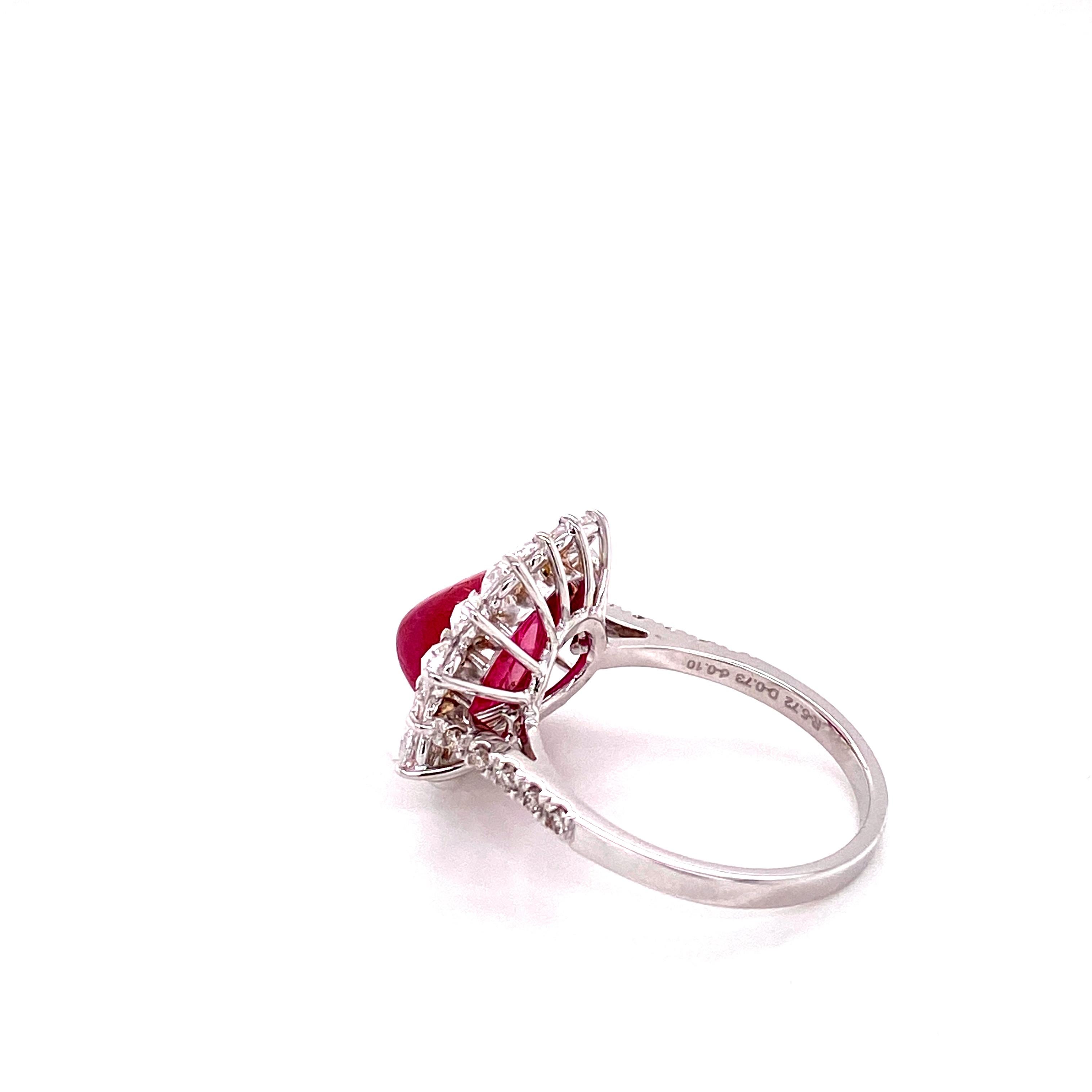 Cabochon 5.71 Carat GRS Certified Unheated Burmese Ruby and White Diamond Engagement Ring For Sale