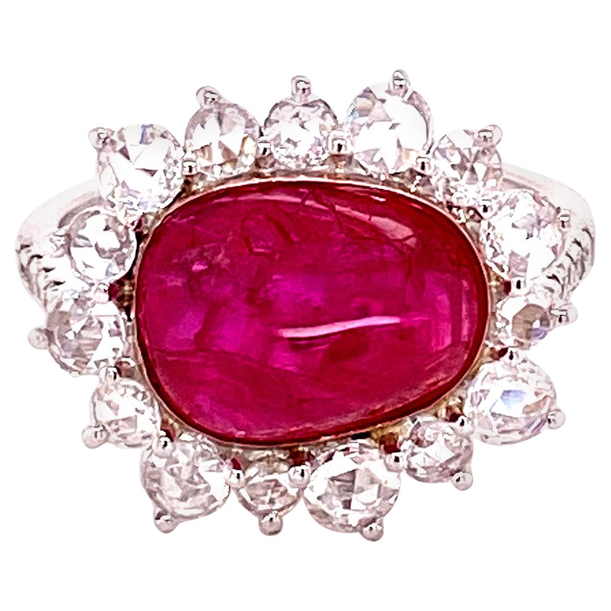 5.71 Carat GRS Certified Unheated Burmese Ruby and White Diamond Engagement Ring For Sale