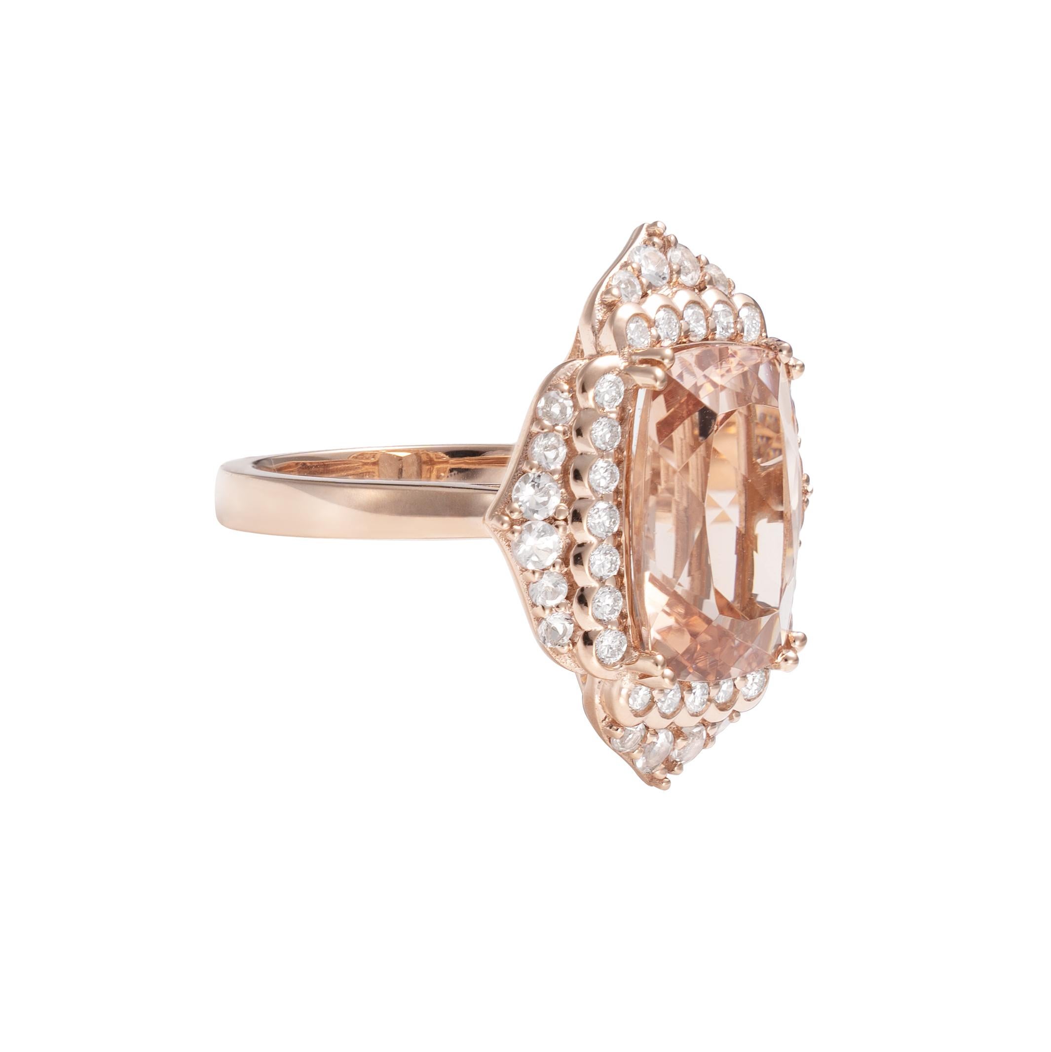 This collection features an array of magnificent morganites! Accented with White Diamond these rings are made in rose gold and present a classic yet elegant look.

Classic morganite ring in 18K Rose gold with White Diamond. 

Morganite: 5.71 carat,