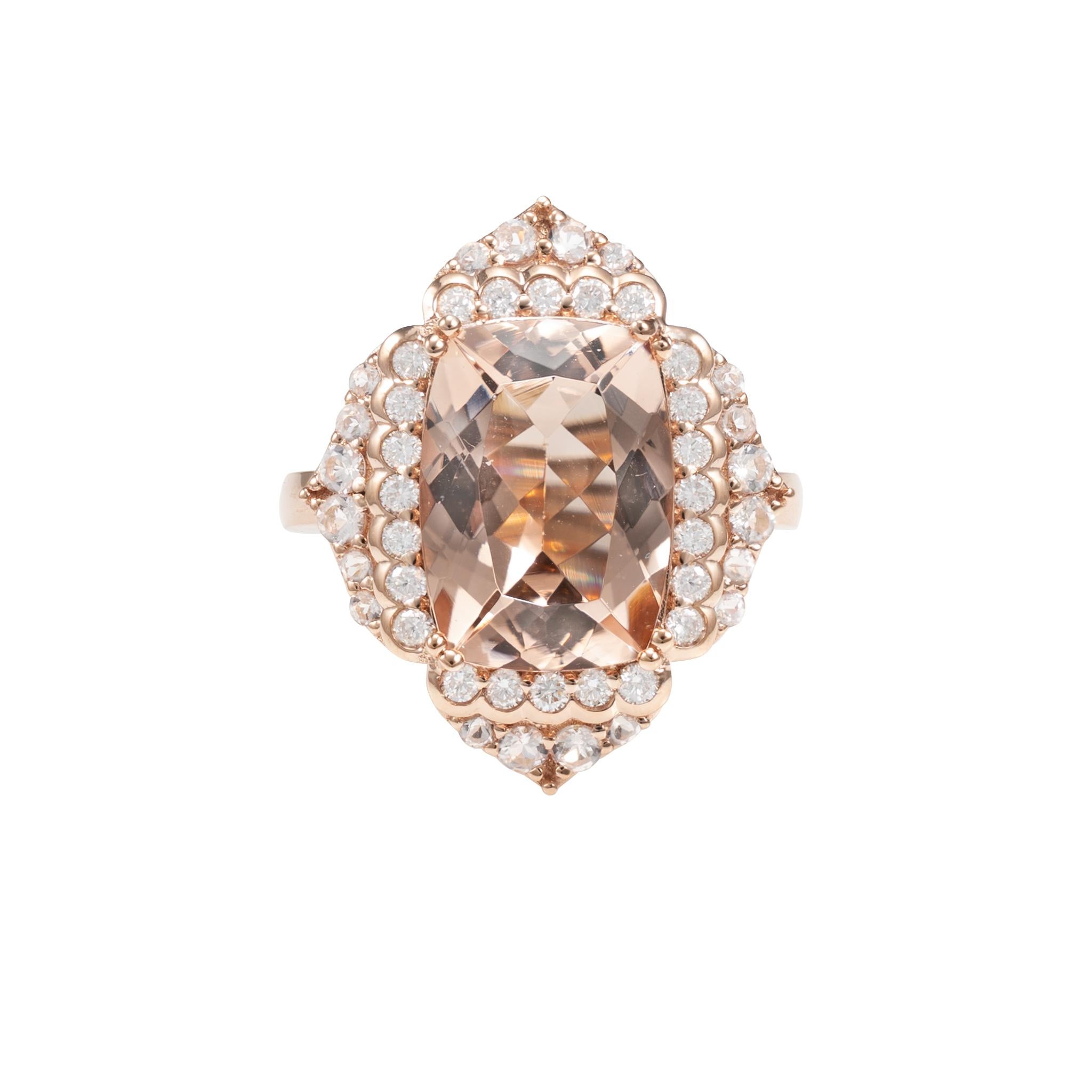 Contemporary 5.71 Carat Morganite and White Diamond Ring in 18 Karat Rose Gold For Sale