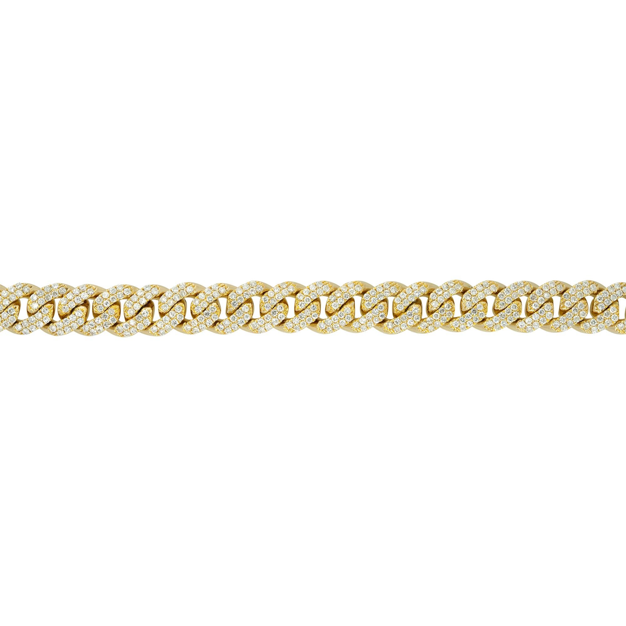 14k Yellow Gold 5.71ctw Pave Diamond Cuban Link Bracelet
Material: 14k Yellow Gold
Diamond Details: Approximately 5.71ctw of Round Brilliant Diamonds
Bracelet Width: Approximately 9.7mm
Total Weight: 40.5g (26.2dwt) 
Size: 8