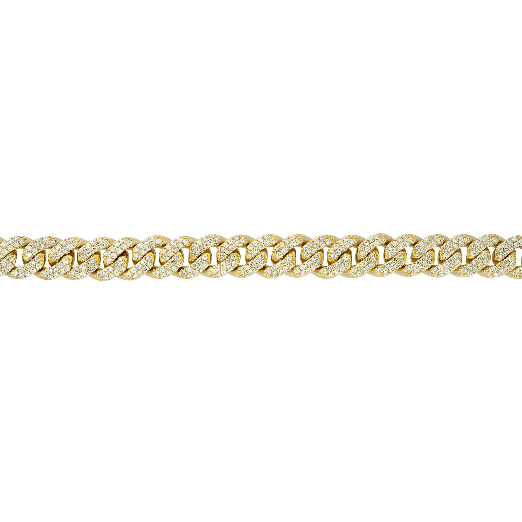 14k Yellow Gold 5.71 Carat Natural Diamond Pave Cuban Link Bracelet

This beautiful Cuban diamond bracelet is a classic piece with the addition of multiple pave set diamonds. All the diamonds are natural round cut diamonds, weighing approximately