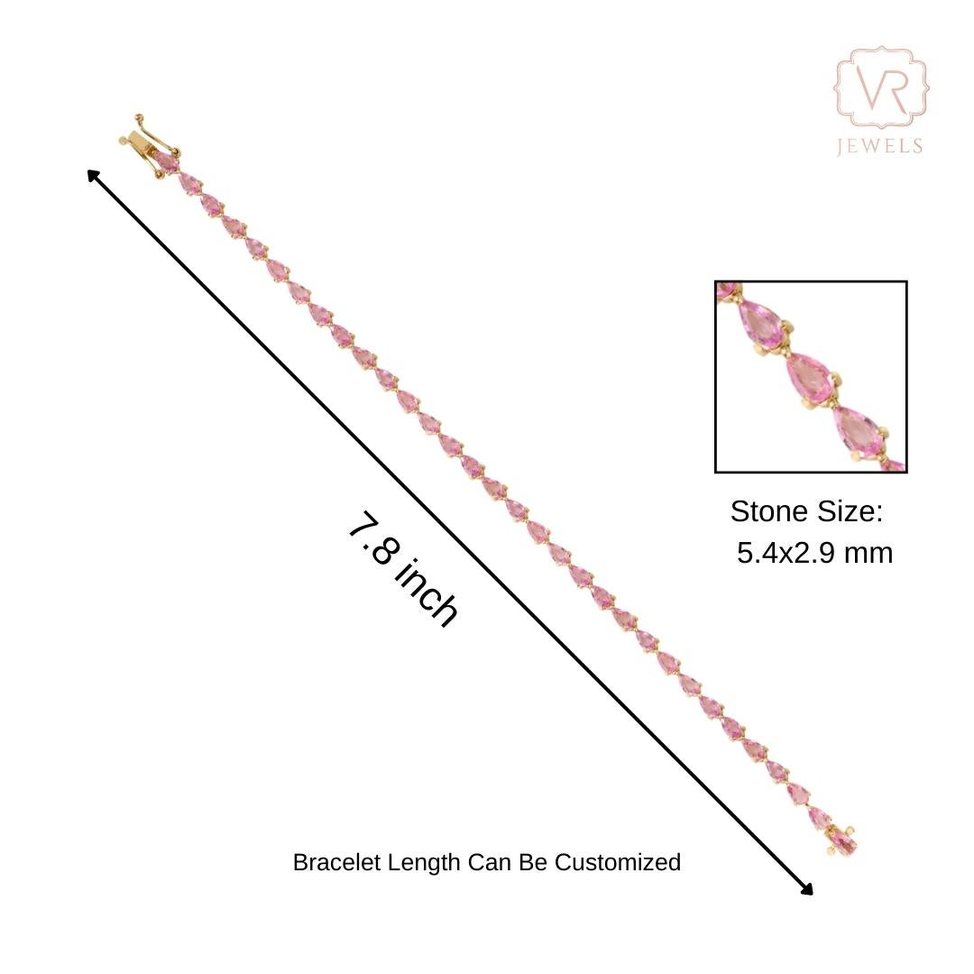 5.71 Carat Pear Cut Pink Sapphire Tennis Bracelet for Women in 14K Yellow Gold For Sale 8
