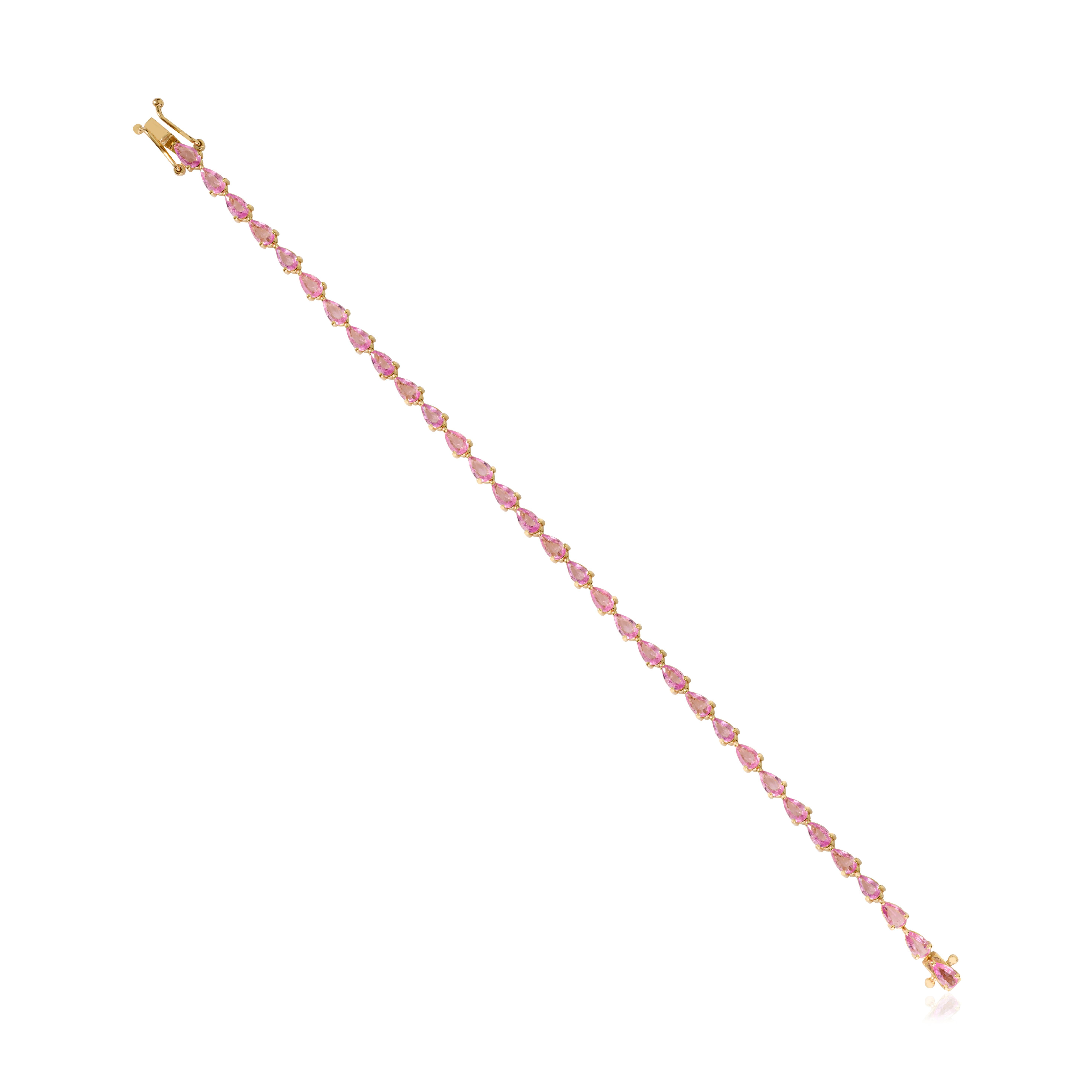 Modernist 5.71 Carat Pear Cut Pink Sapphire Tennis Bracelet for Women in 14K Yellow Gold For Sale
