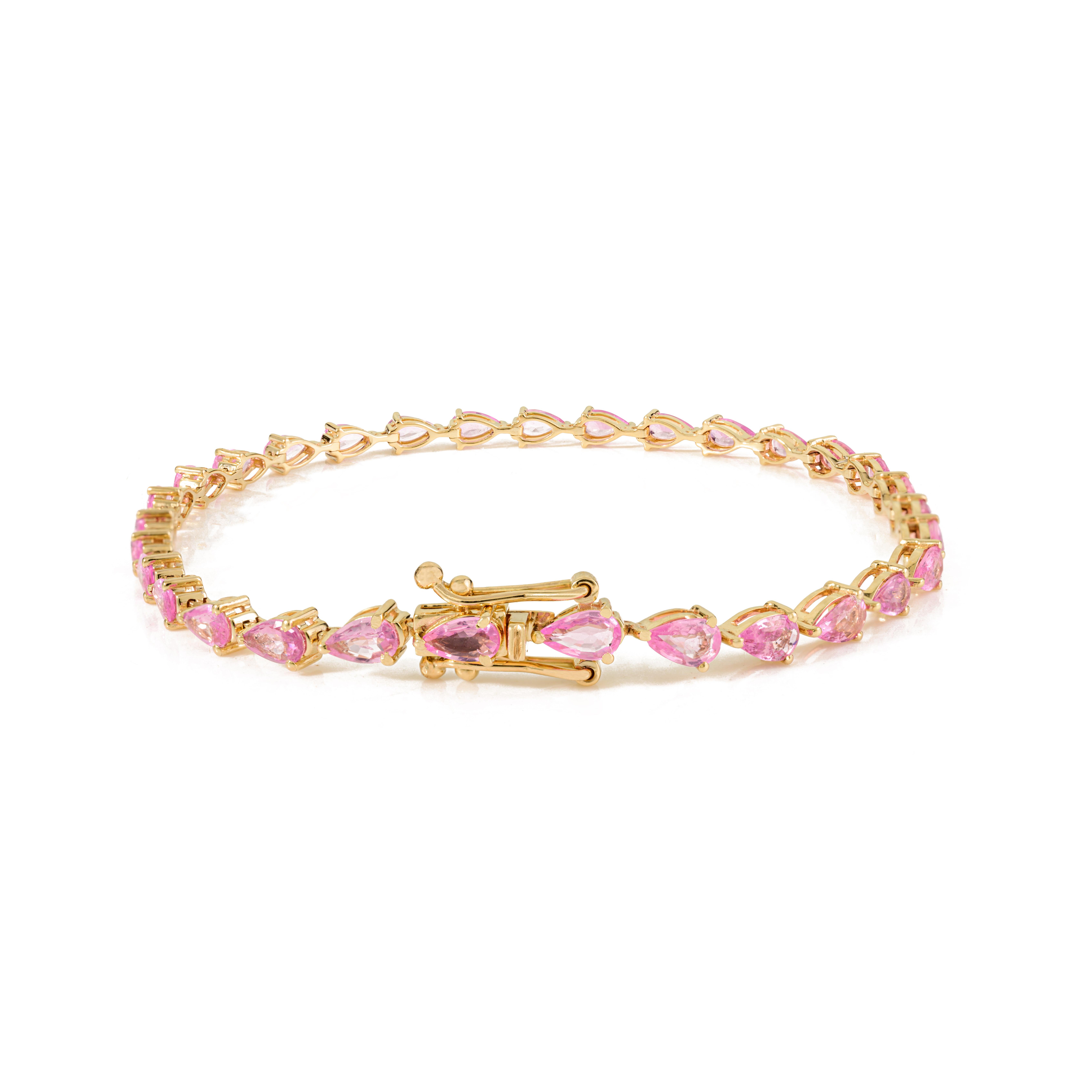 Women's 5.71 Carat Pear Cut Pink Sapphire Tennis Bracelet for Women in 14K Yellow Gold For Sale
