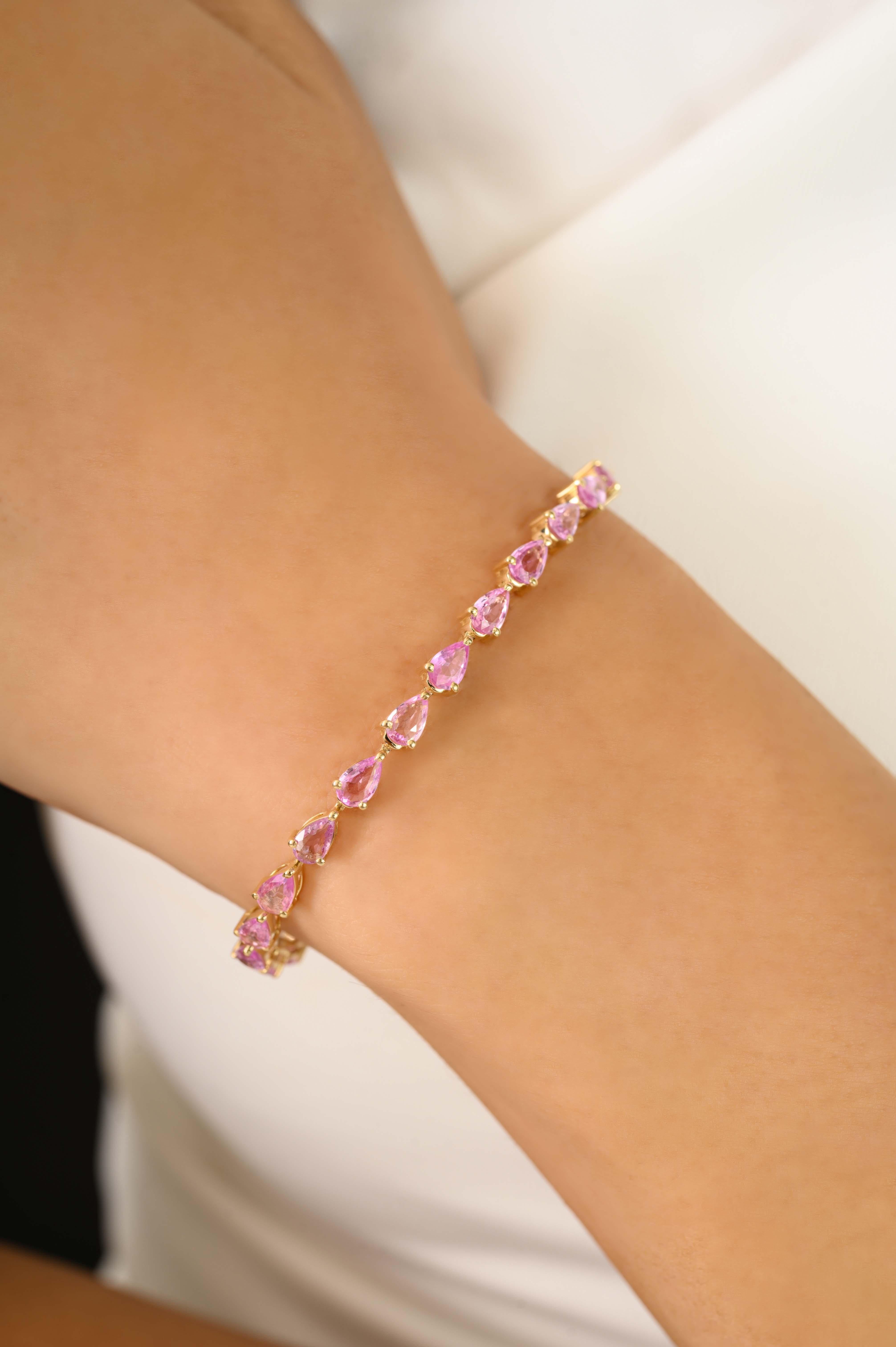 5.71 Carat Pear Cut Pink Sapphire Tennis Bracelet for Women in 14K Yellow Gold For Sale 3