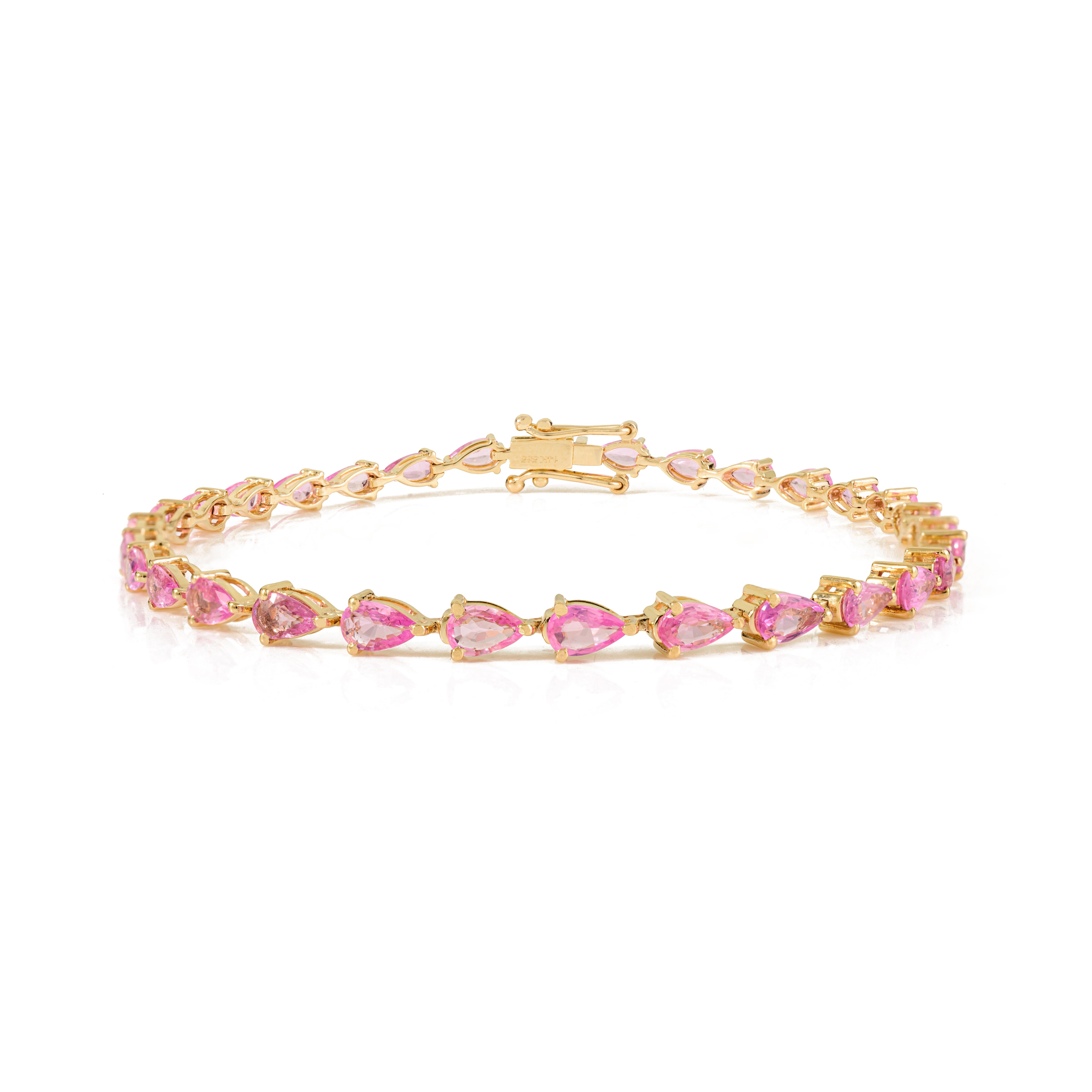5.71 Carat Pear Cut Pink Sapphire Tennis Bracelet for Women in 14K Yellow Gold For Sale
