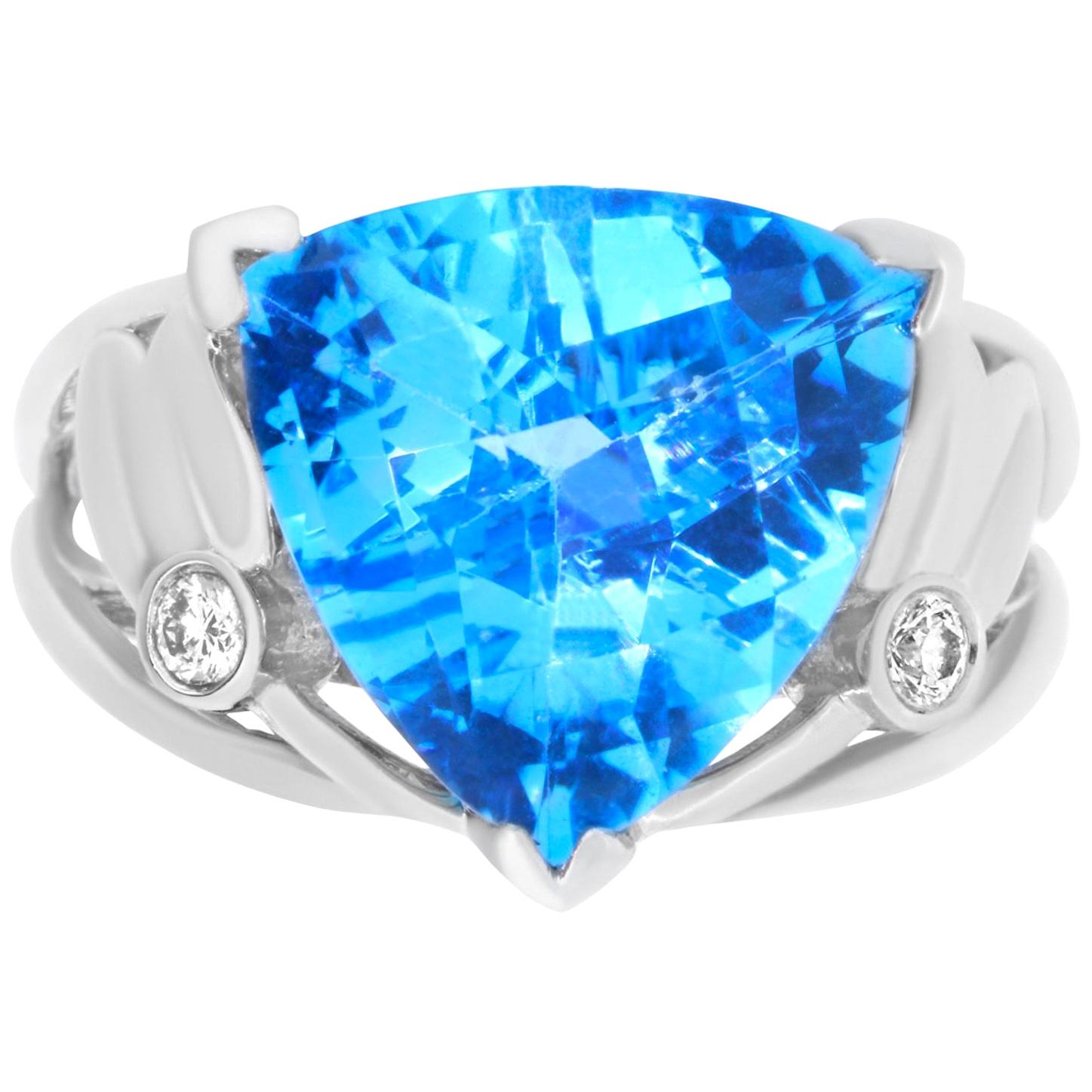 5.71 Carat Trillion Blue Topaz and Diamond Ring