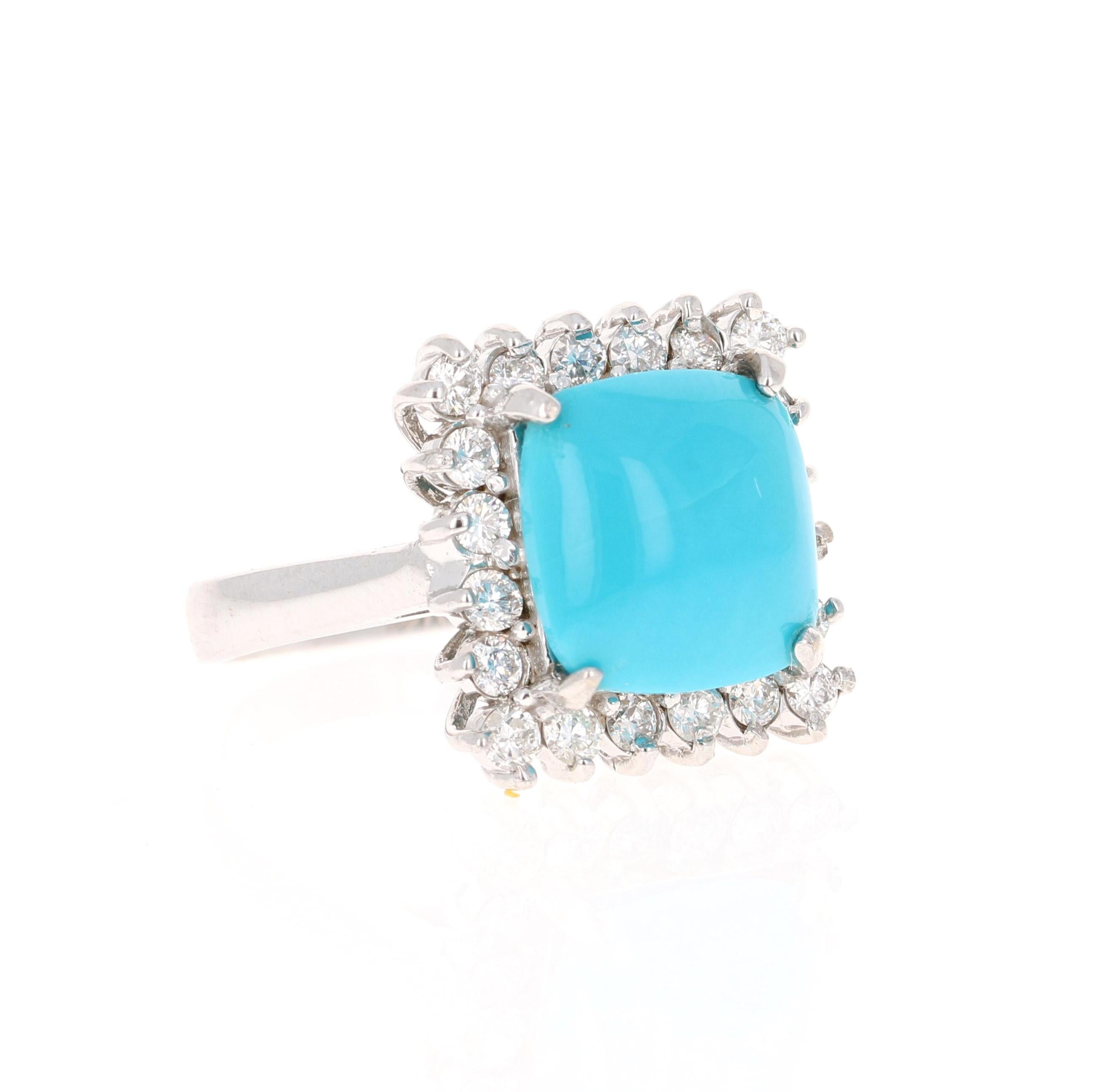 The Cushion Cut Turquoise is 5.00 Carats and is surrounded by a Halo of beautifully set diamonds. 
There are 20 Round Cut Diamonds that weigh 0.71 Carats (Clarity: SI2, Color: F).
The total carat weight of the ring is 5.71 Carats. 
The ring is