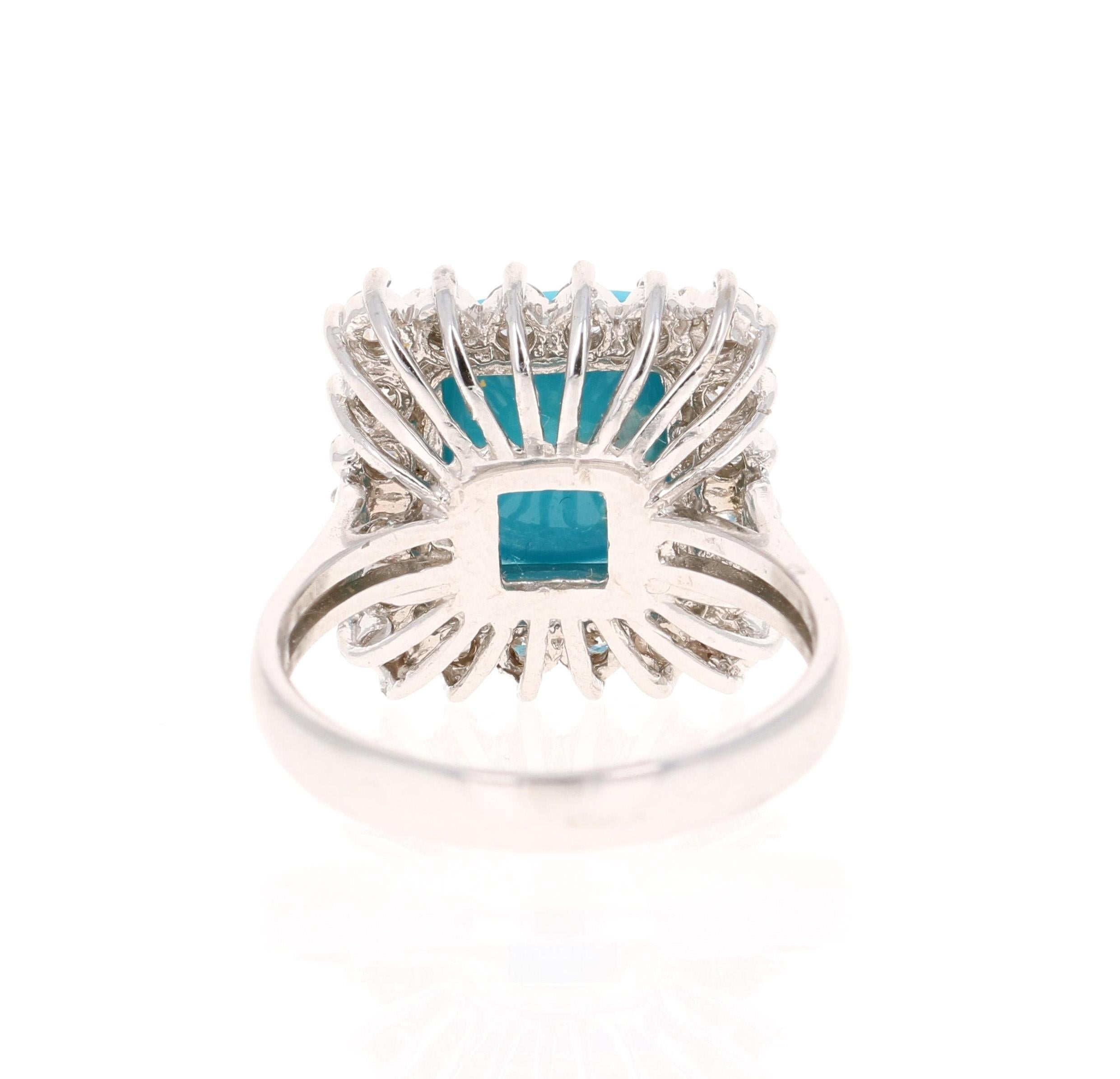 5,71 Karat Türkis Diamant 14 Karat Weißgold Cocktail Ring (Kissenschliff) im Angebot