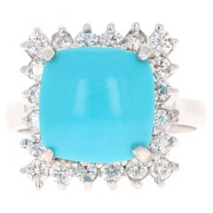 Bague cocktail en or blanc 14 carats avec turquoise de 5,71 carats et diamants