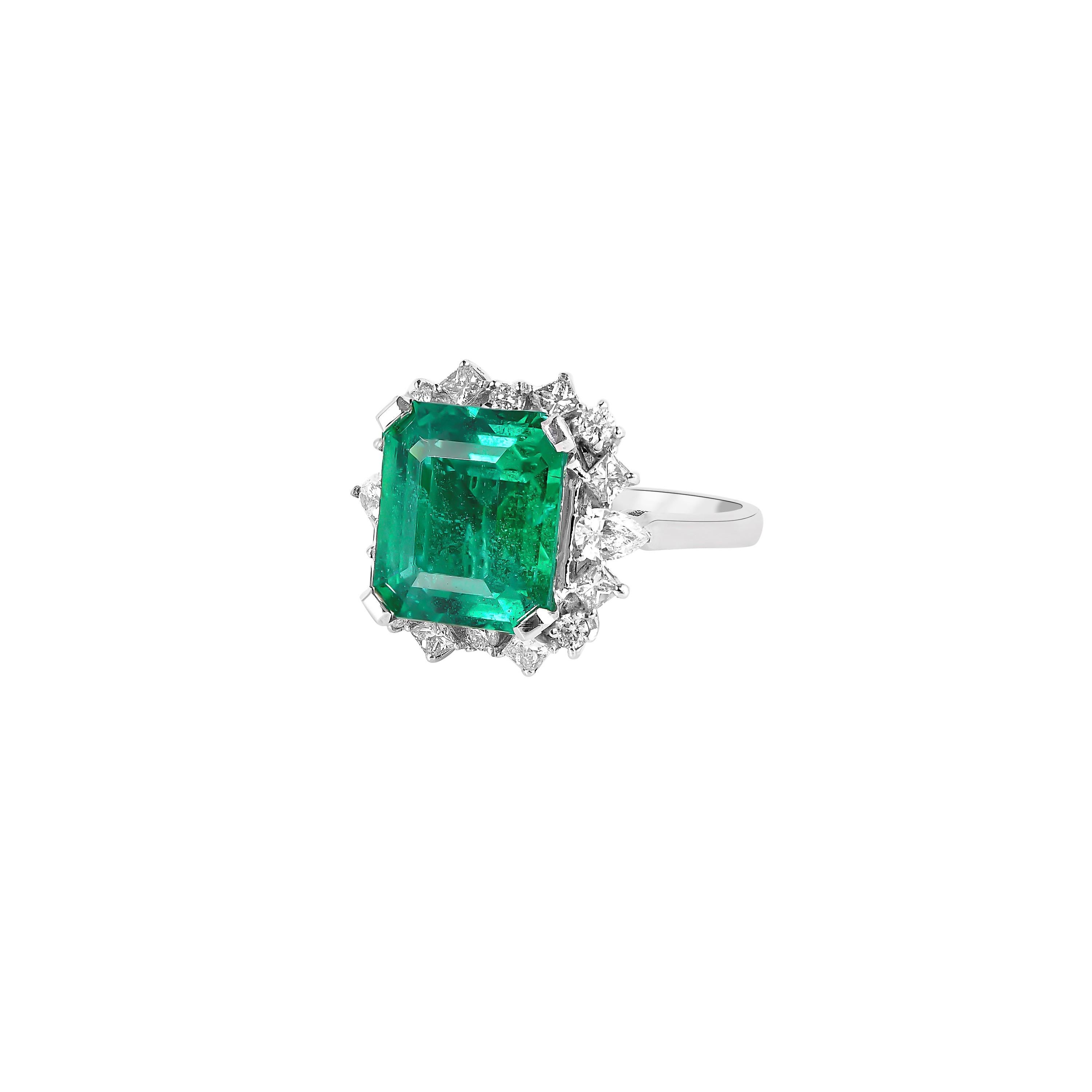 Contemporary Sunita Nahata GRS Certified Zambian Emerald 5.70ct. Ring in 18KWG with Diamond. For Sale