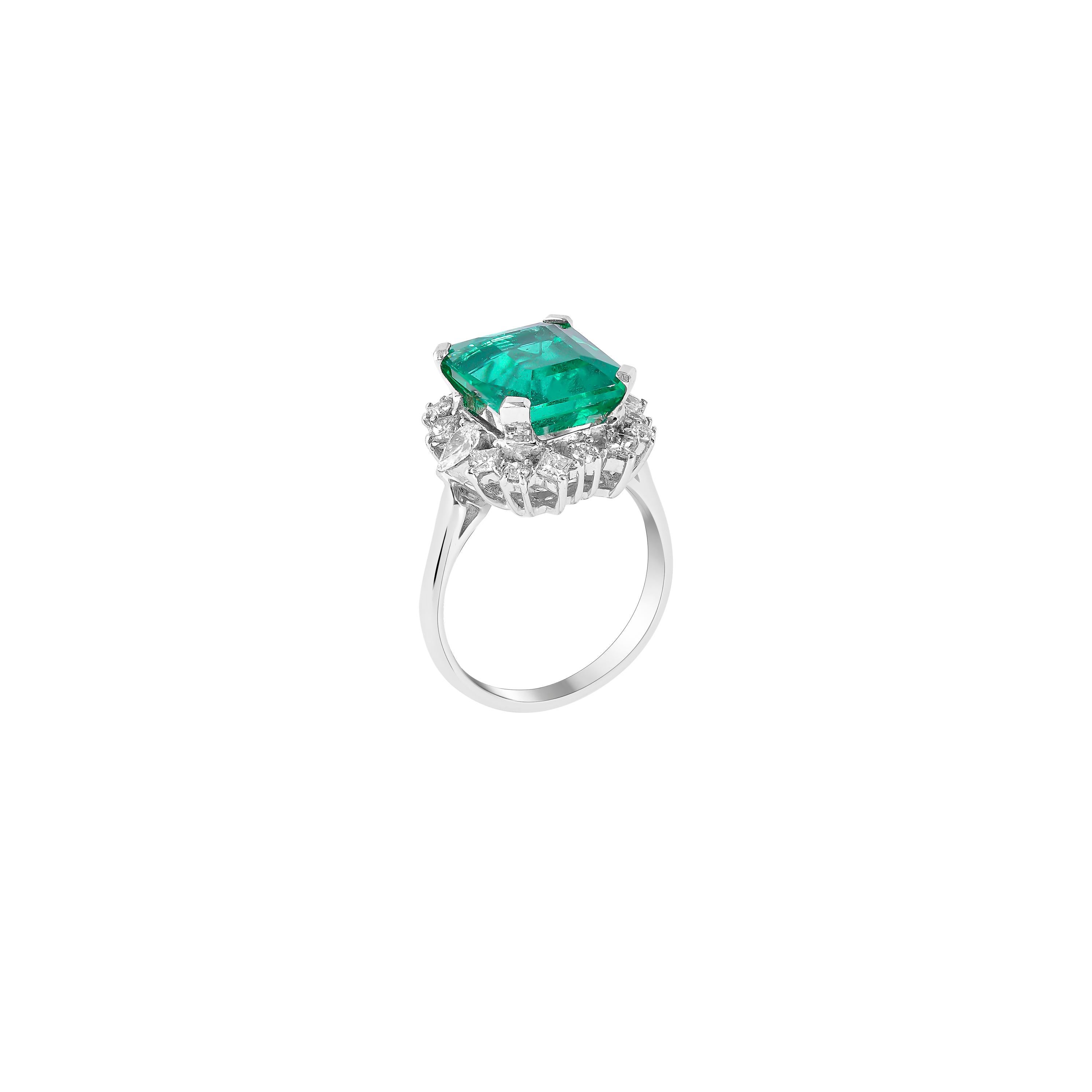 Emerald Cut Sunita Nahata GRS Certified Zambian Emerald 5.70ct. Ring in 18KWG with Diamond. For Sale