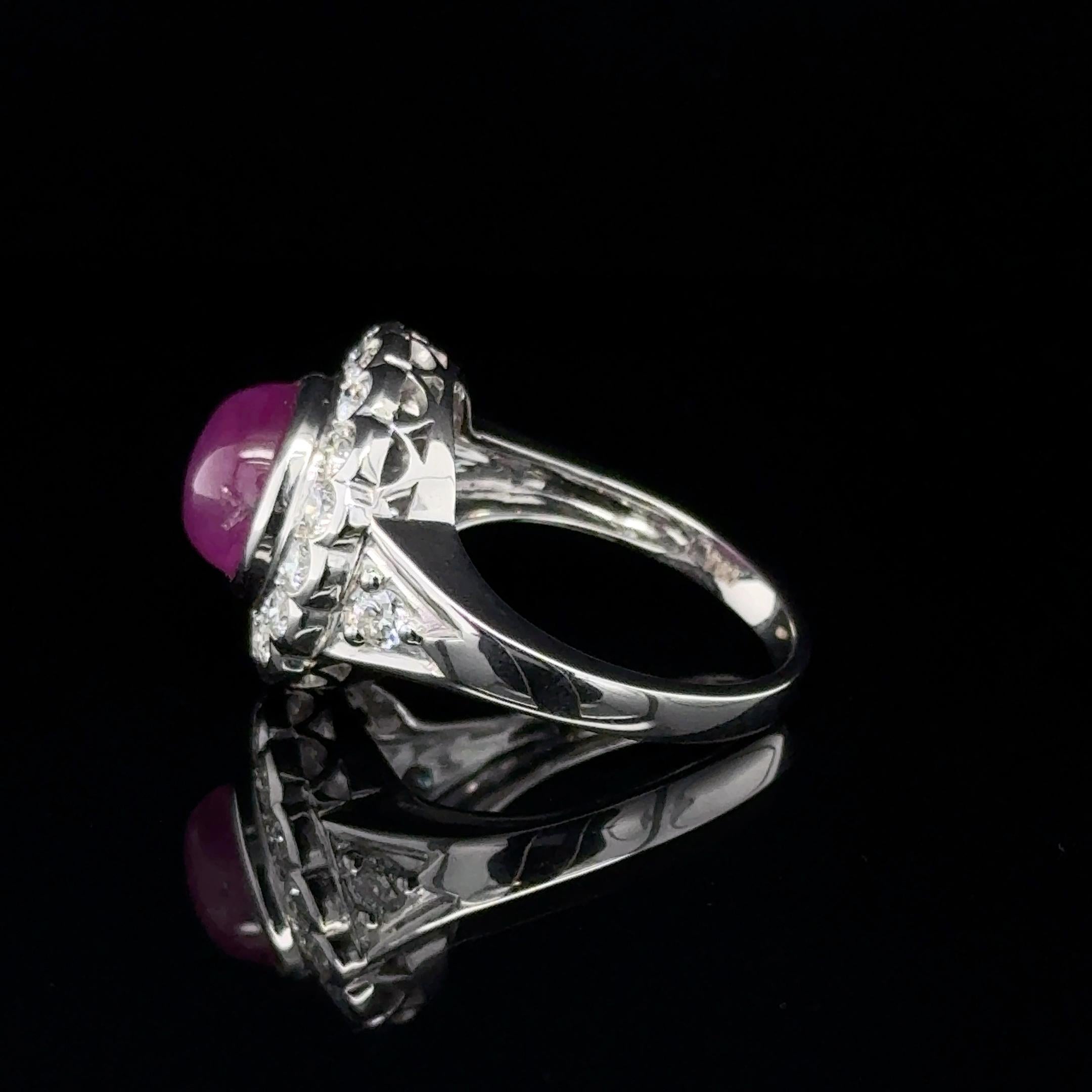 Modern 5.71Ct unheated Burmese Cabochon Star Ruby & diamond cluster ring 18k white gold For Sale