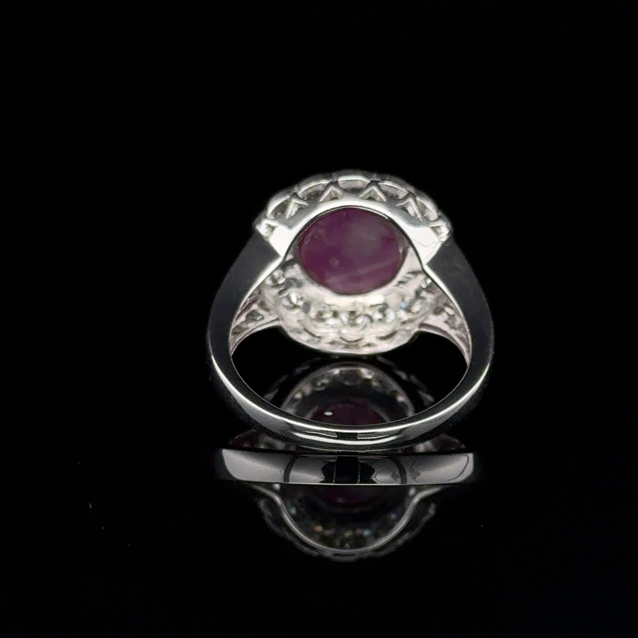 Round Cut 5.71Ct unheated Burmese Cabochon Star Ruby & diamond cluster ring 18k white gold For Sale