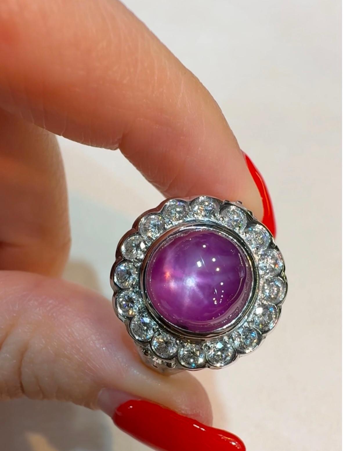 Women's 5.71Ct unheated Burmese Cabochon Star Ruby & diamond cluster ring 18k white gold For Sale