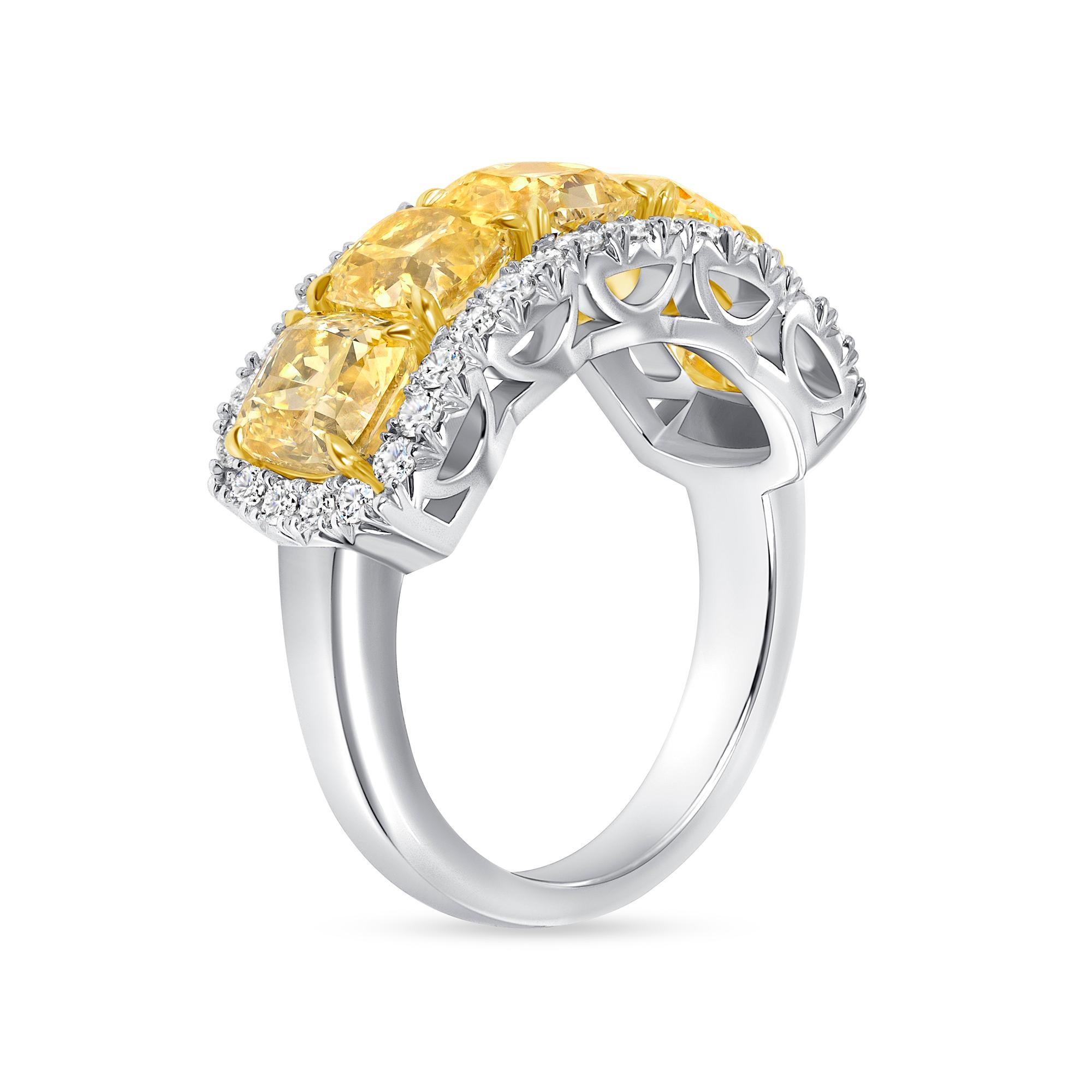 Cushion Cut 5.71 Ct. Light Fancy Yellow Diamond w/ Diamond Halo in 18K Gold & Platinum