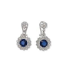 5.71 Total Carat Blue Sapphire Drop Earrings with Bezel Set Double-Halo Diamond