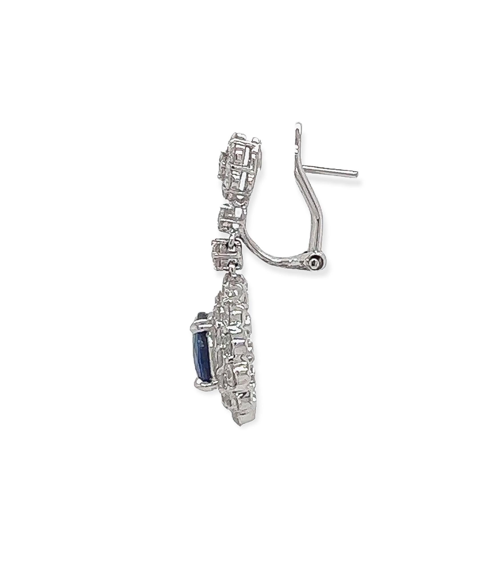 5.71 Total Carat Blue Sapphire Drop Earrings with Bezel Set Double-Halo Diamond In New Condition For Sale In New York, NY