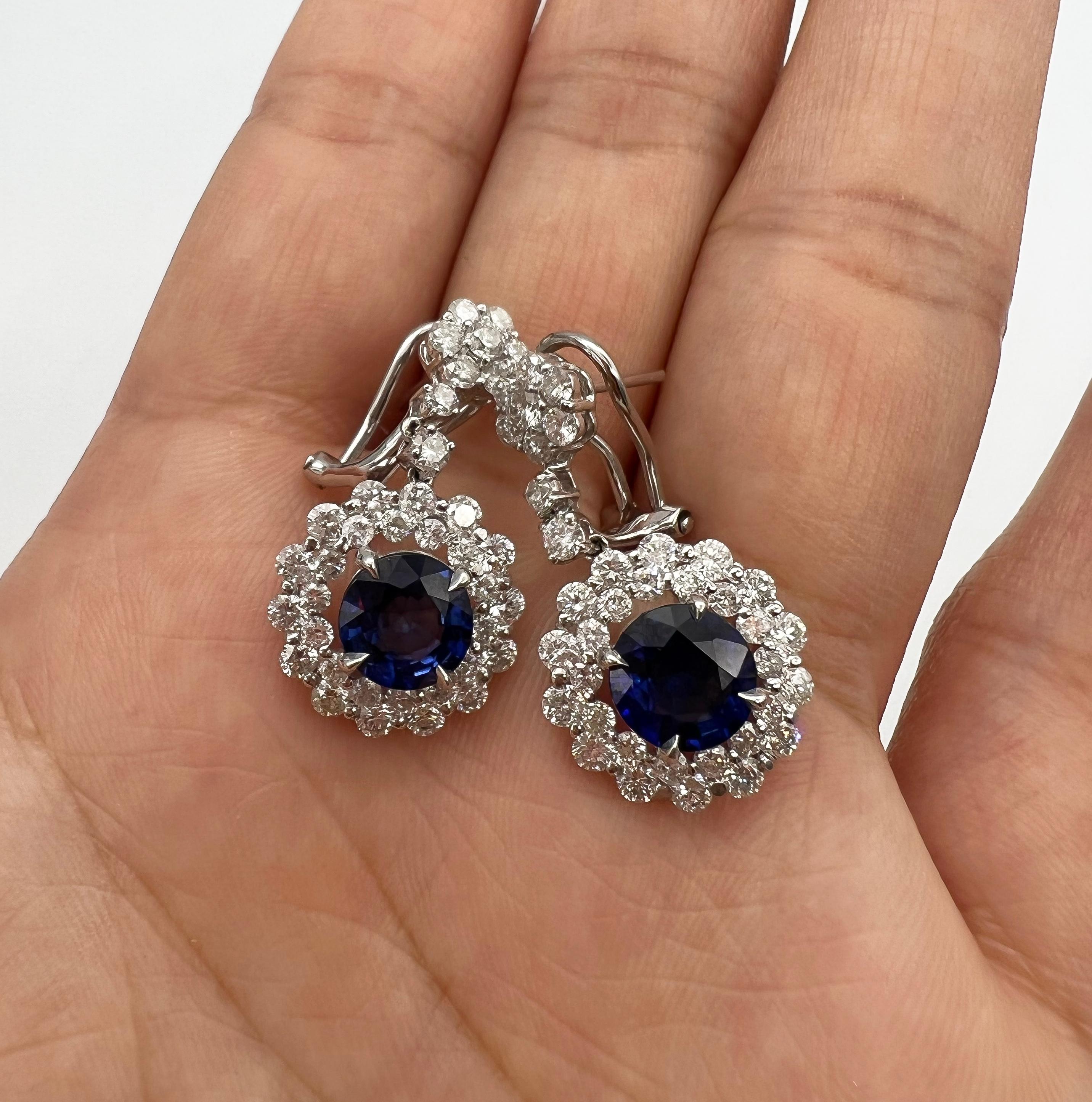 Women's or Men's 5.71 Total Carat Blue Sapphire Drop Earrings with Bezel Set Double-Halo Diamond For Sale