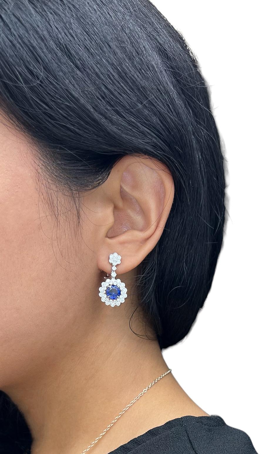 5.71 Total Carat Blue Sapphire Drop Earrings with Bezel Set Double-Halo Diamond For Sale 1