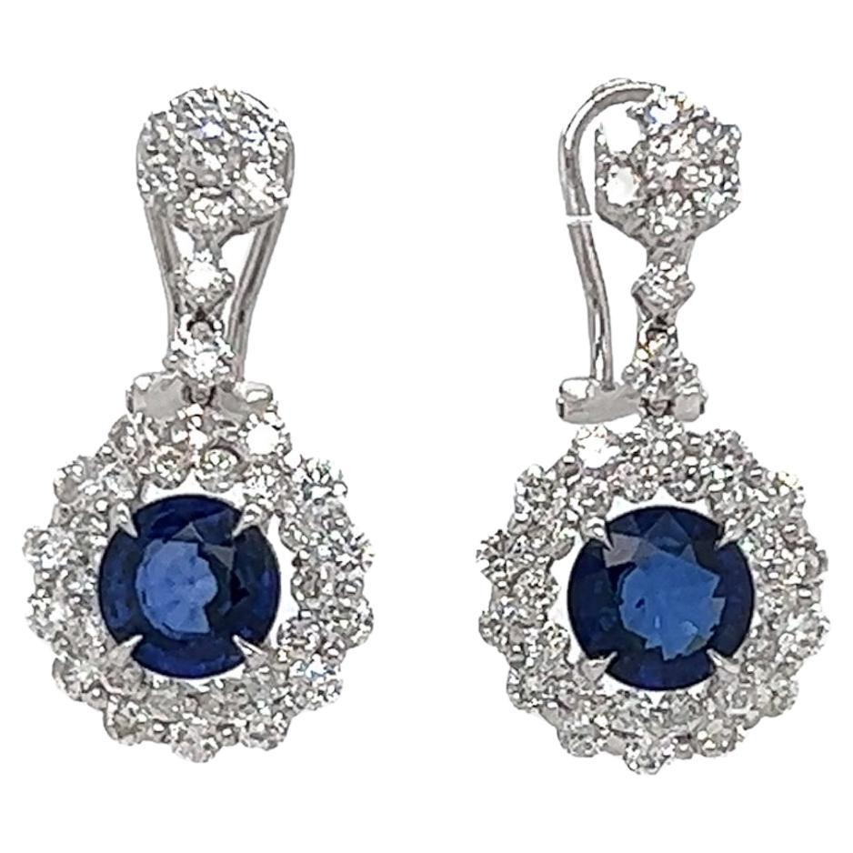 5.71 Total Carat Blue Sapphire Drop Earrings with Bezel Set Double-Halo Diamond