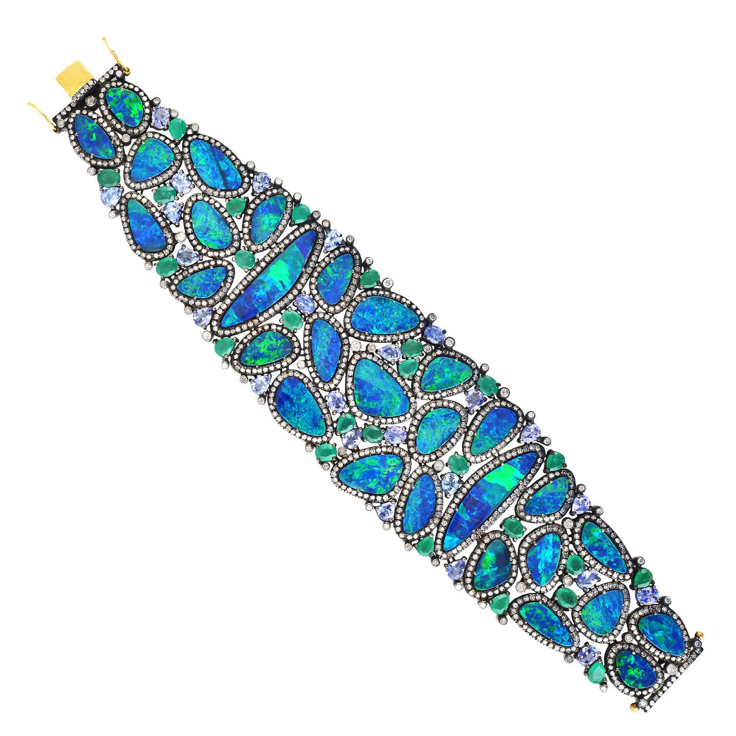 Mixed Cut 57.12 Carat Opal Emerald Tanzanite Diamond Bracelet Cuff For Sale