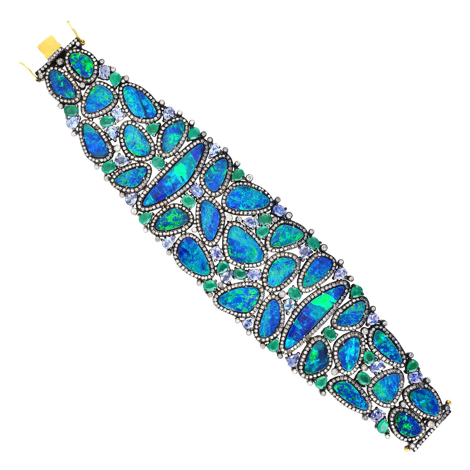 57.12 Carat Opal Emerald Tanzanite Diamond Bracelet Cuff