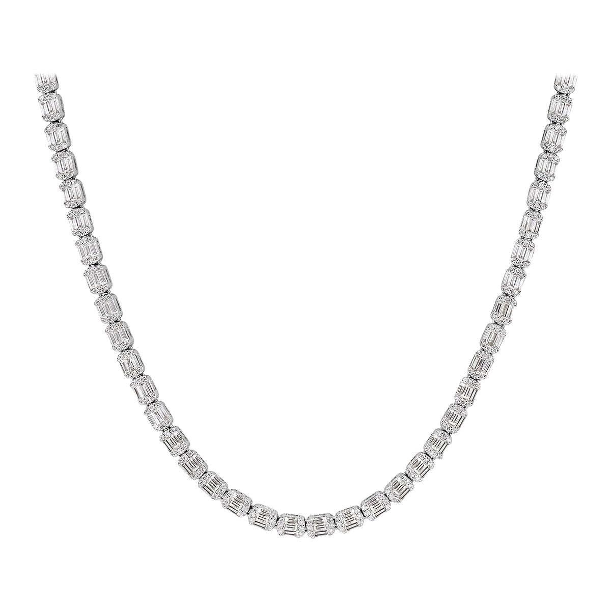 5.71ct Baguette and Round Cut Diamond Tennis Necklace in 18k White Gold For Sale