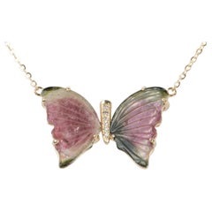 5.71ct Tourmaline Carving Butterfly Wing Necklace 14K Yellow Gold R4019