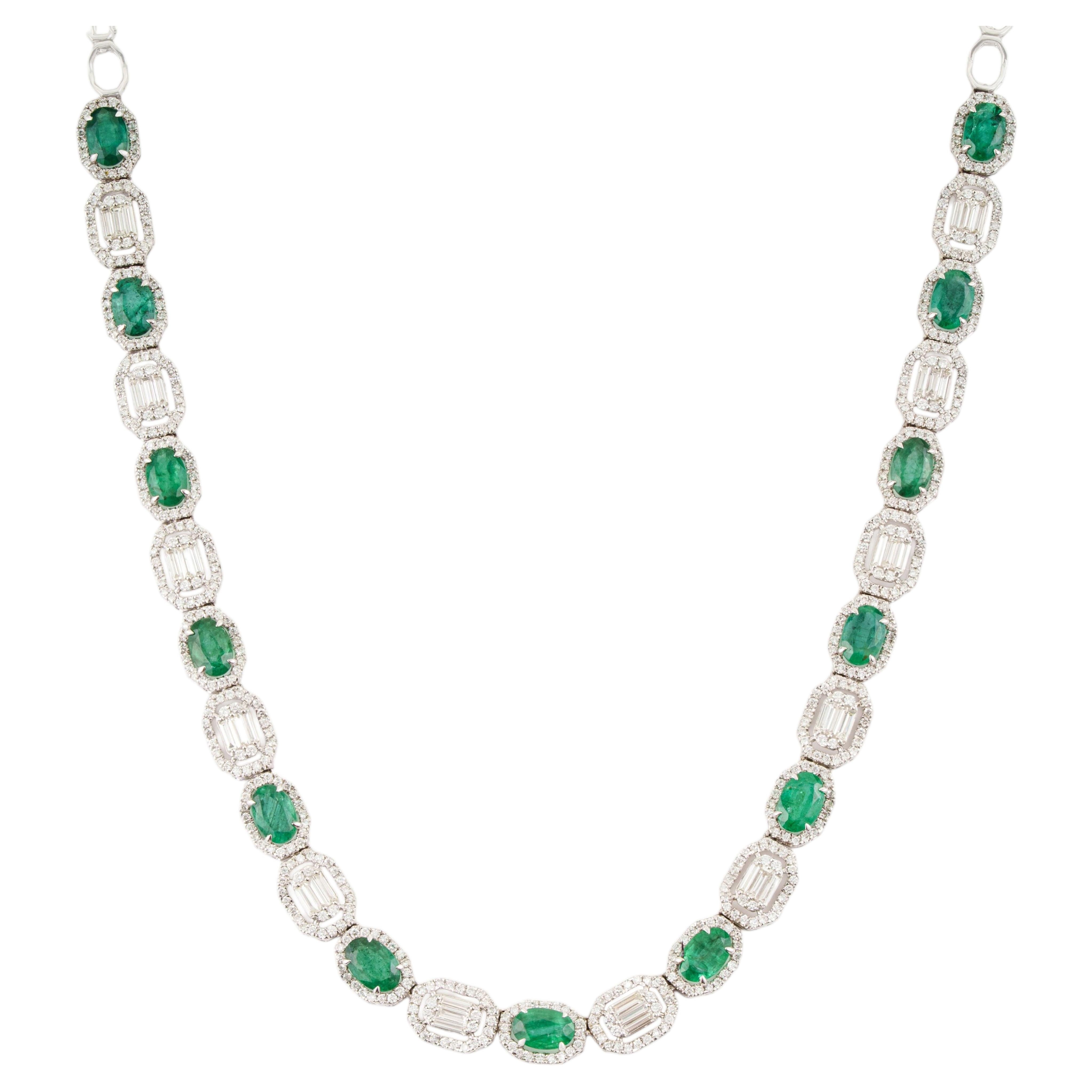 5.71ct Zambian Emerald & 2.81ct Baguette Diamond Tennis Necklace 14K White Gold For Sale
