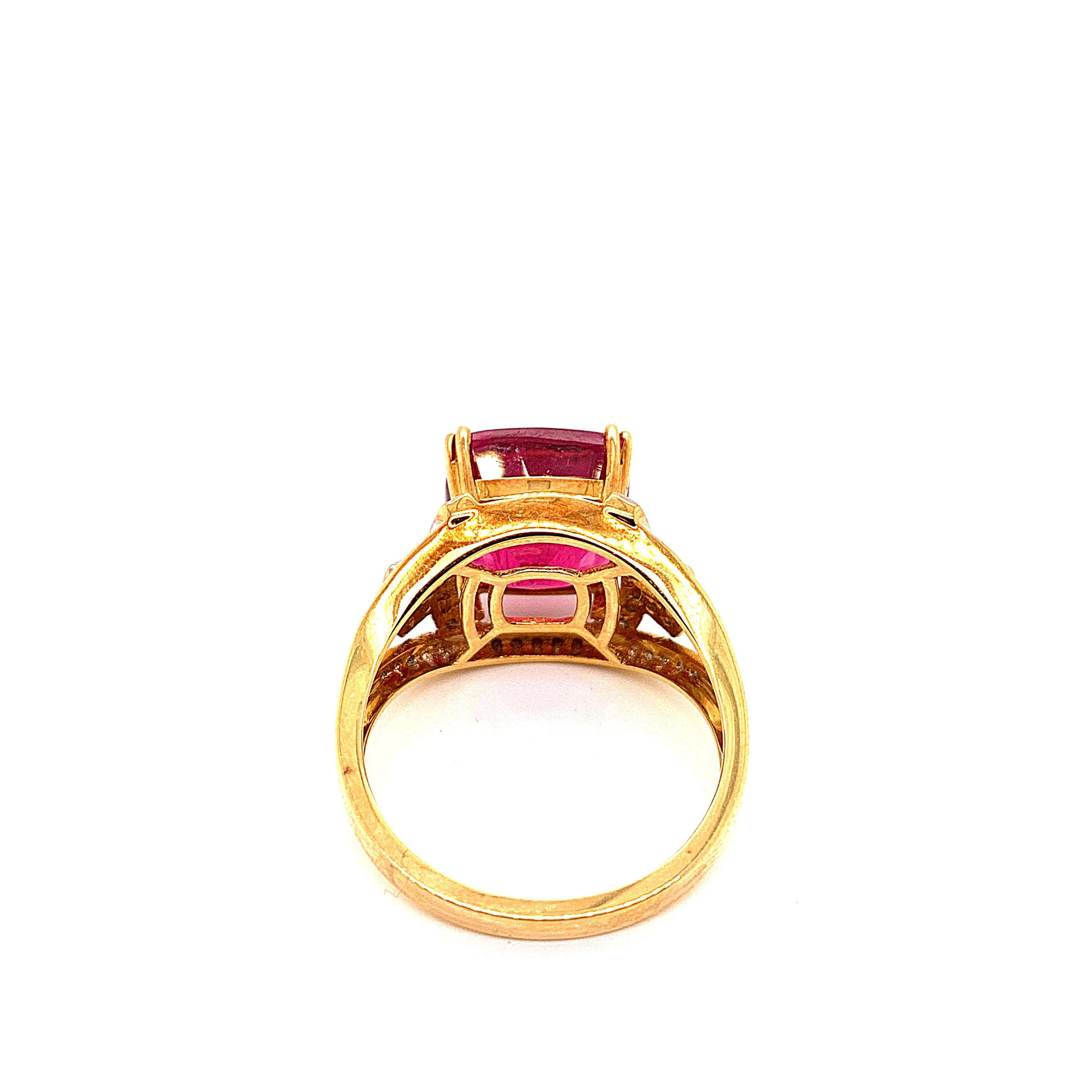 5.72 Carat Cushion Shaped Rubelite Ring in 18 Karat Yellow Gold with Diamonds For Sale 1