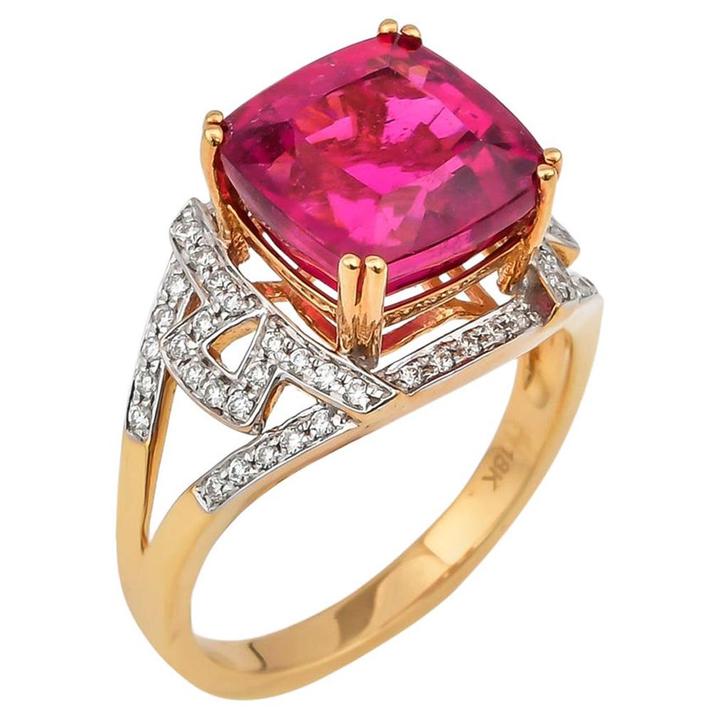 5.72 Carat Cushion Shaped Rubelite Ring in 18 Karat Yellow Gold with Diamonds For Sale