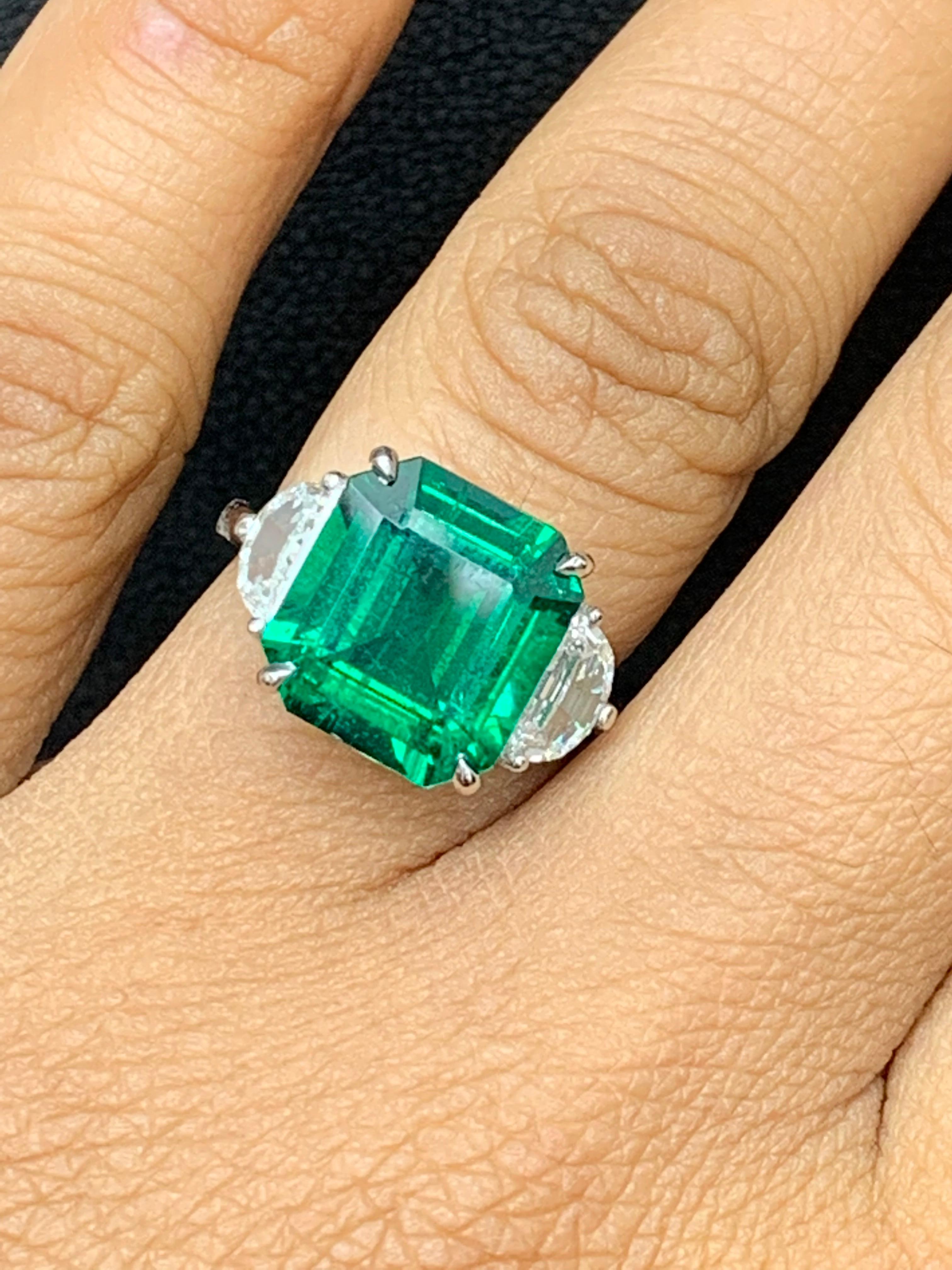 5.72 Carat Emerald and Diamond Three-Stone Engagement Ring in Platinum For Sale 4