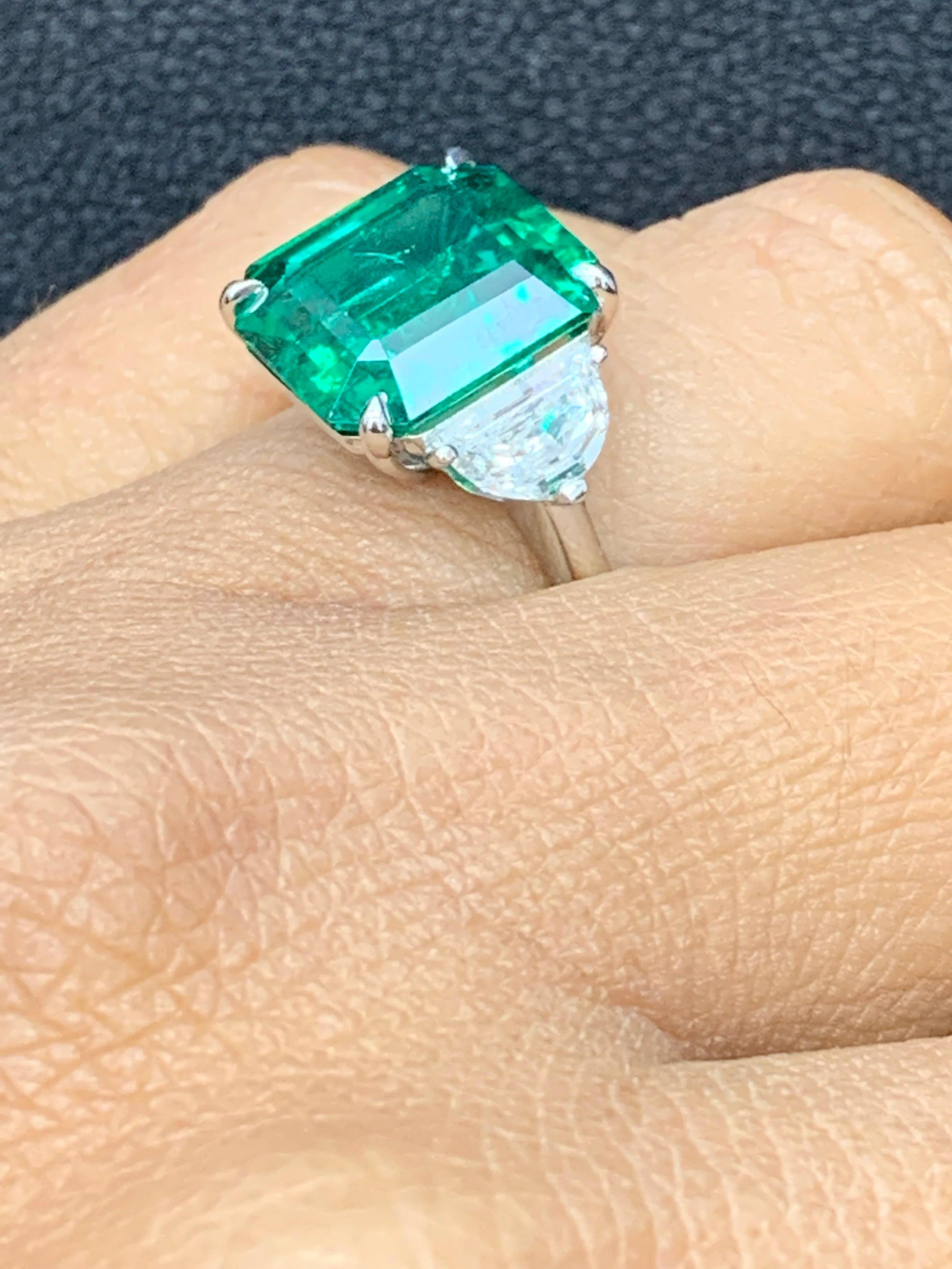 5.72 Carat Emerald and Diamond Three-Stone Engagement Ring in Platinum For Sale 5