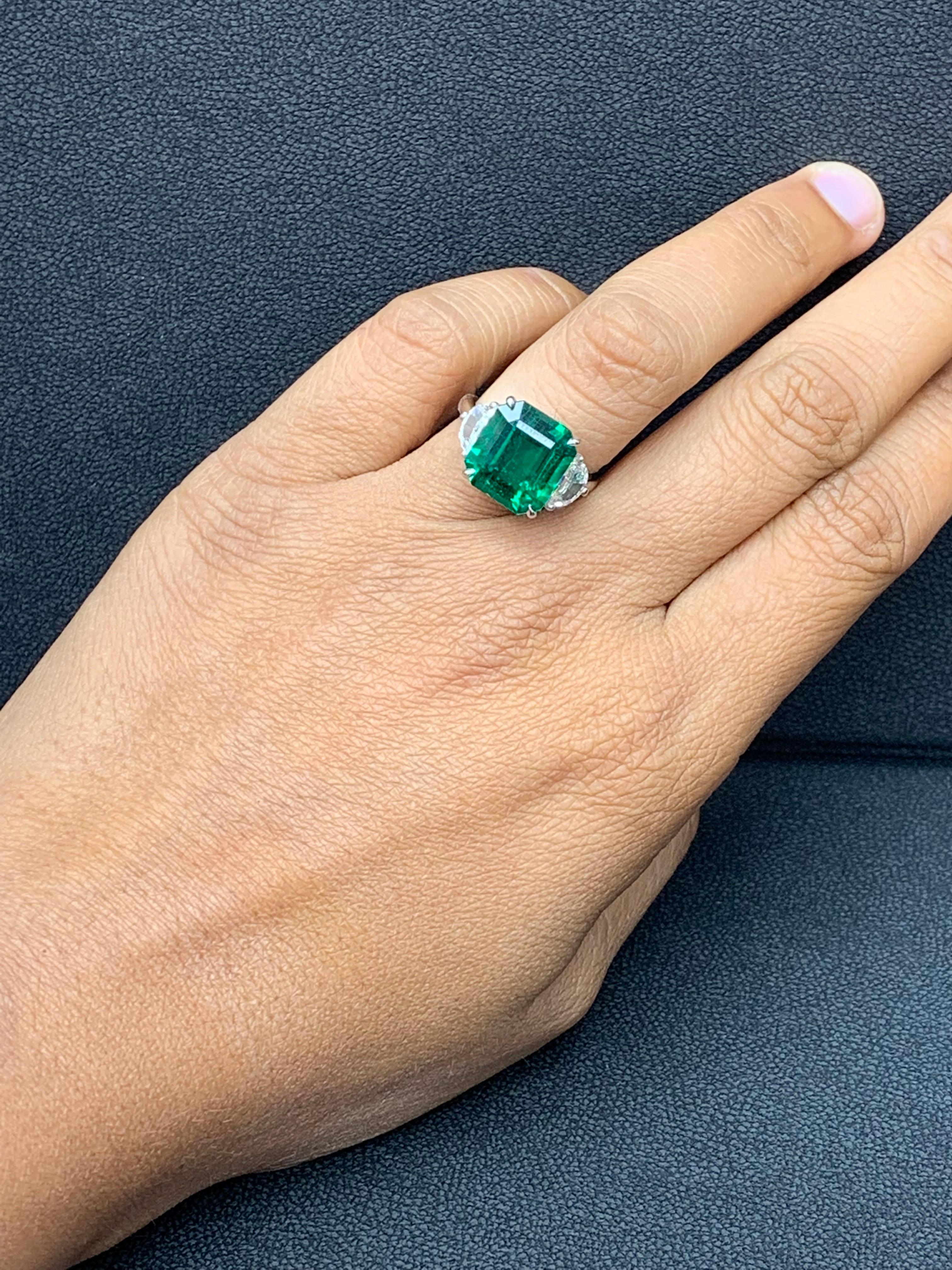 5.72 Carat Emerald and Diamond Three-Stone Engagement Ring in Platinum For Sale 8