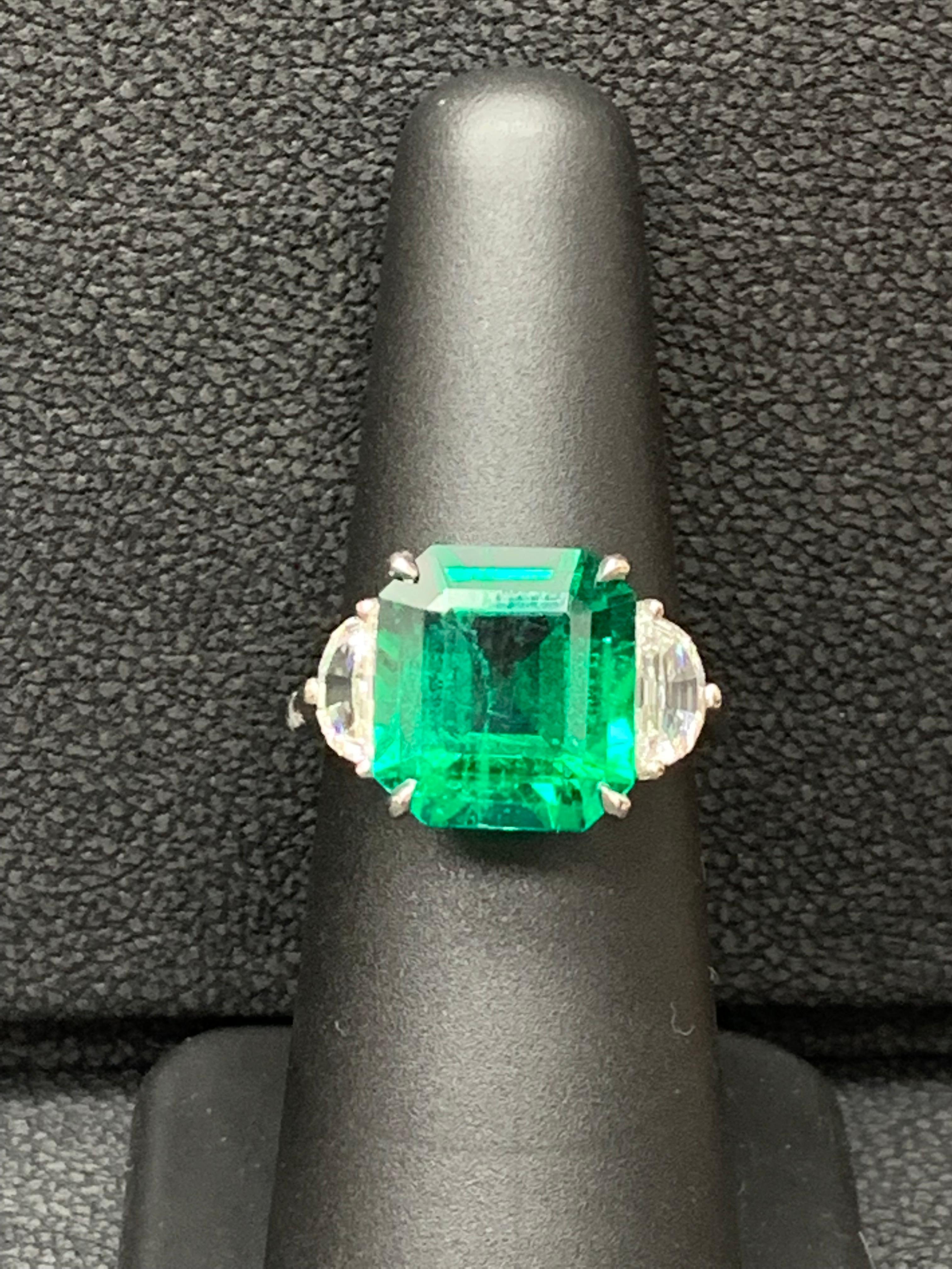 Modern 5.72 Carat Emerald and Diamond Three-Stone Engagement Ring in Platinum For Sale