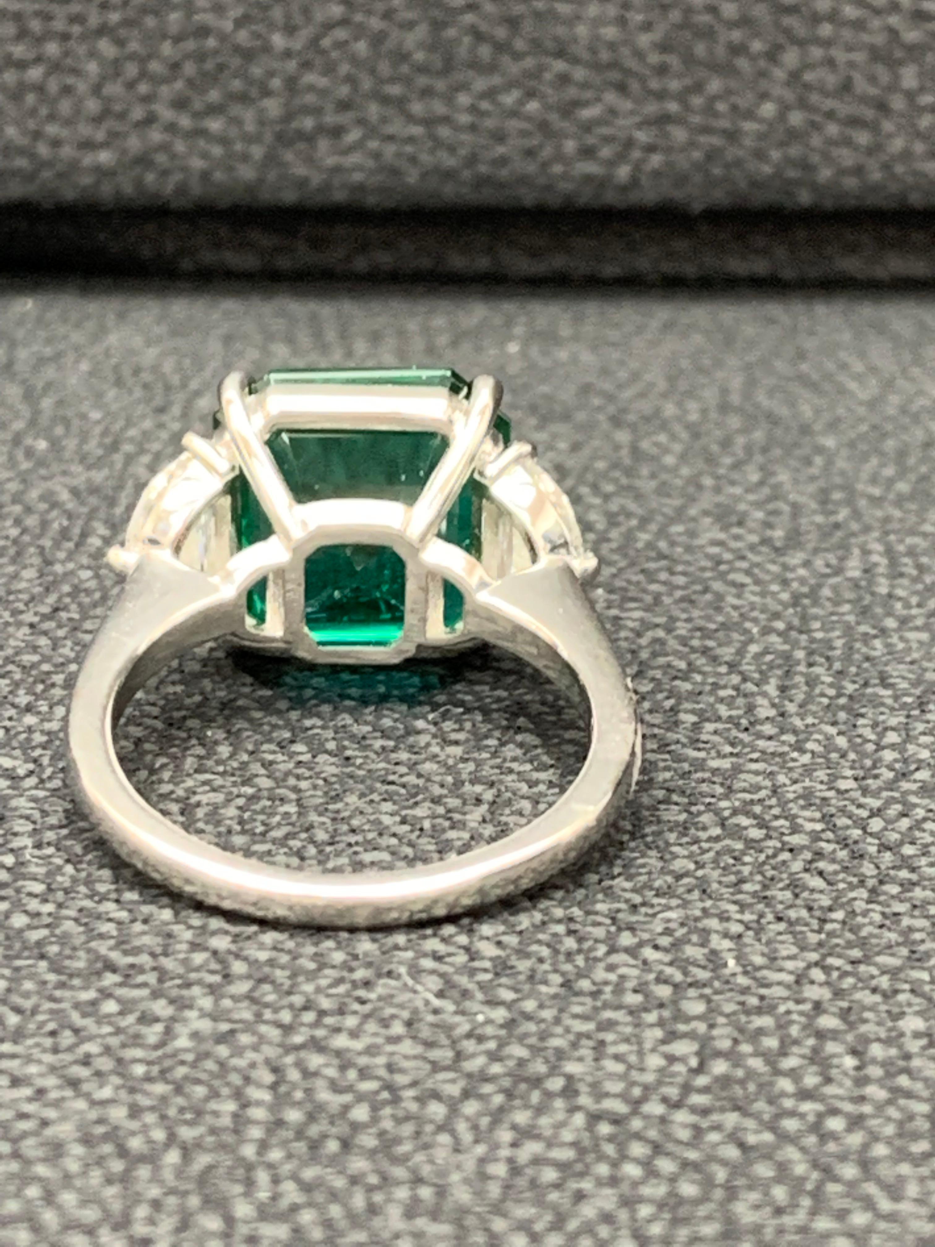 5.72 Carat Emerald and Diamond Three-Stone Engagement Ring in Platinum For Sale 1