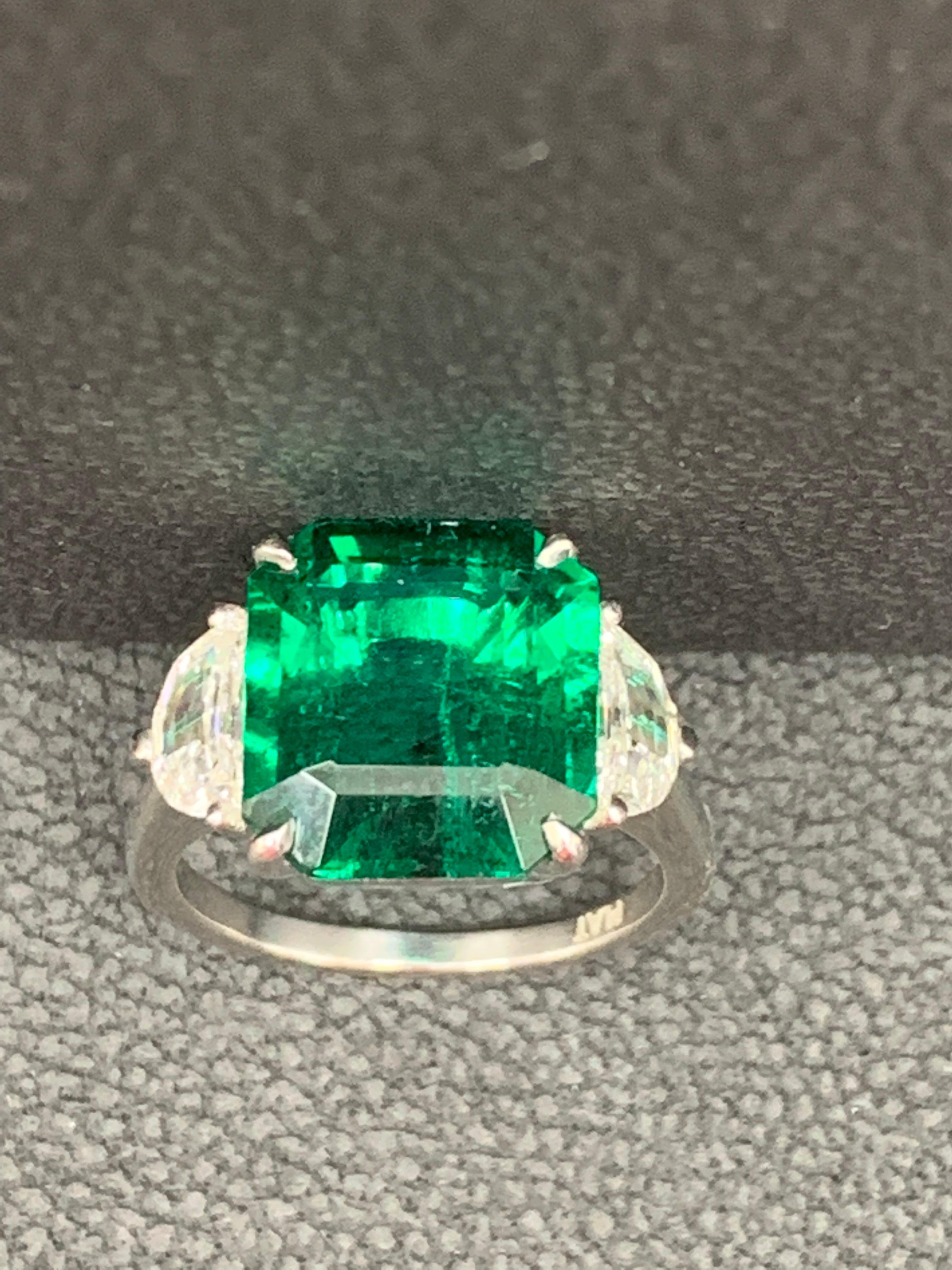 5.72 Carat Emerald and Diamond Three-Stone Engagement Ring in Platinum For Sale 2