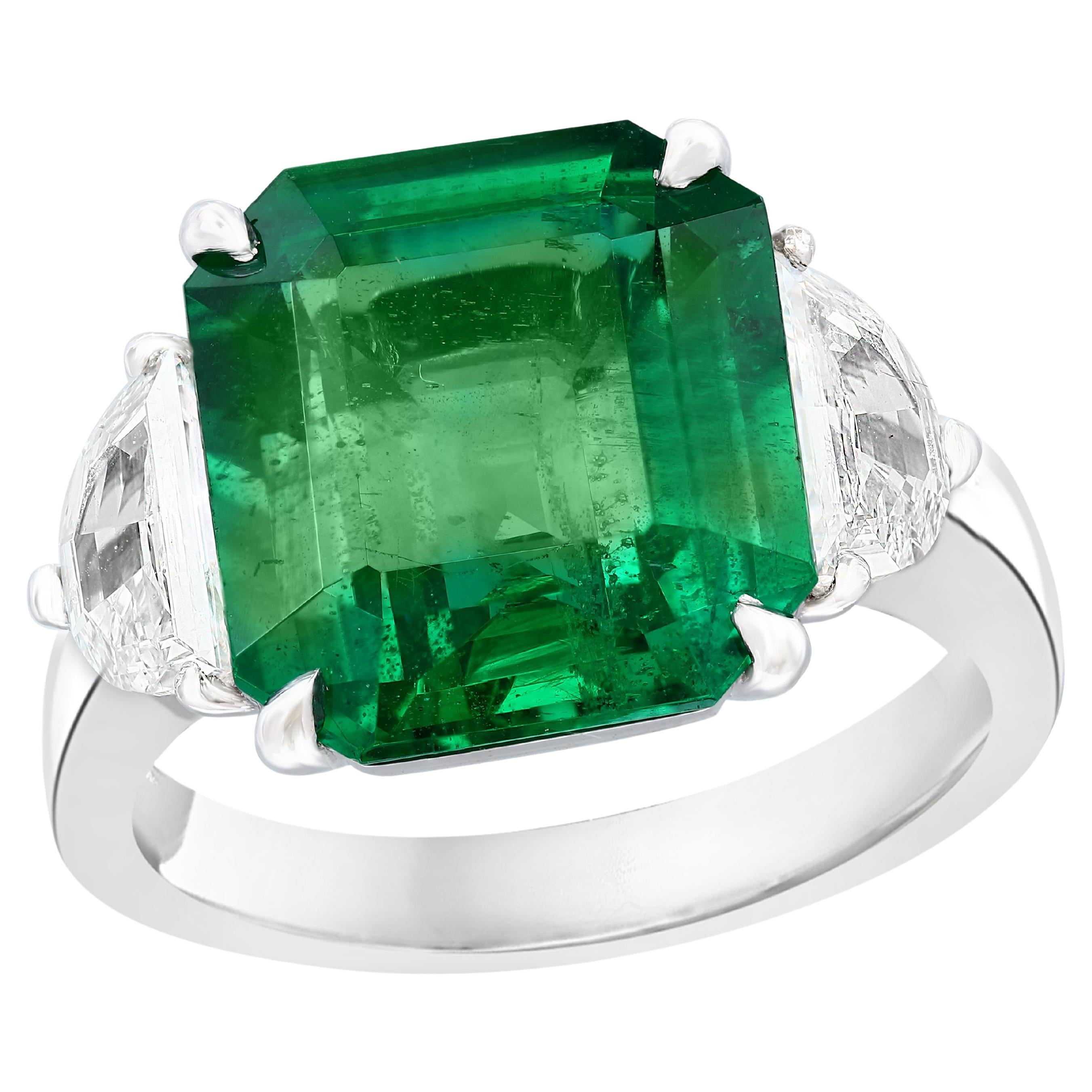 5.72 Carat Emerald and Diamond Three-Stone Engagement Ring in Platinum For Sale