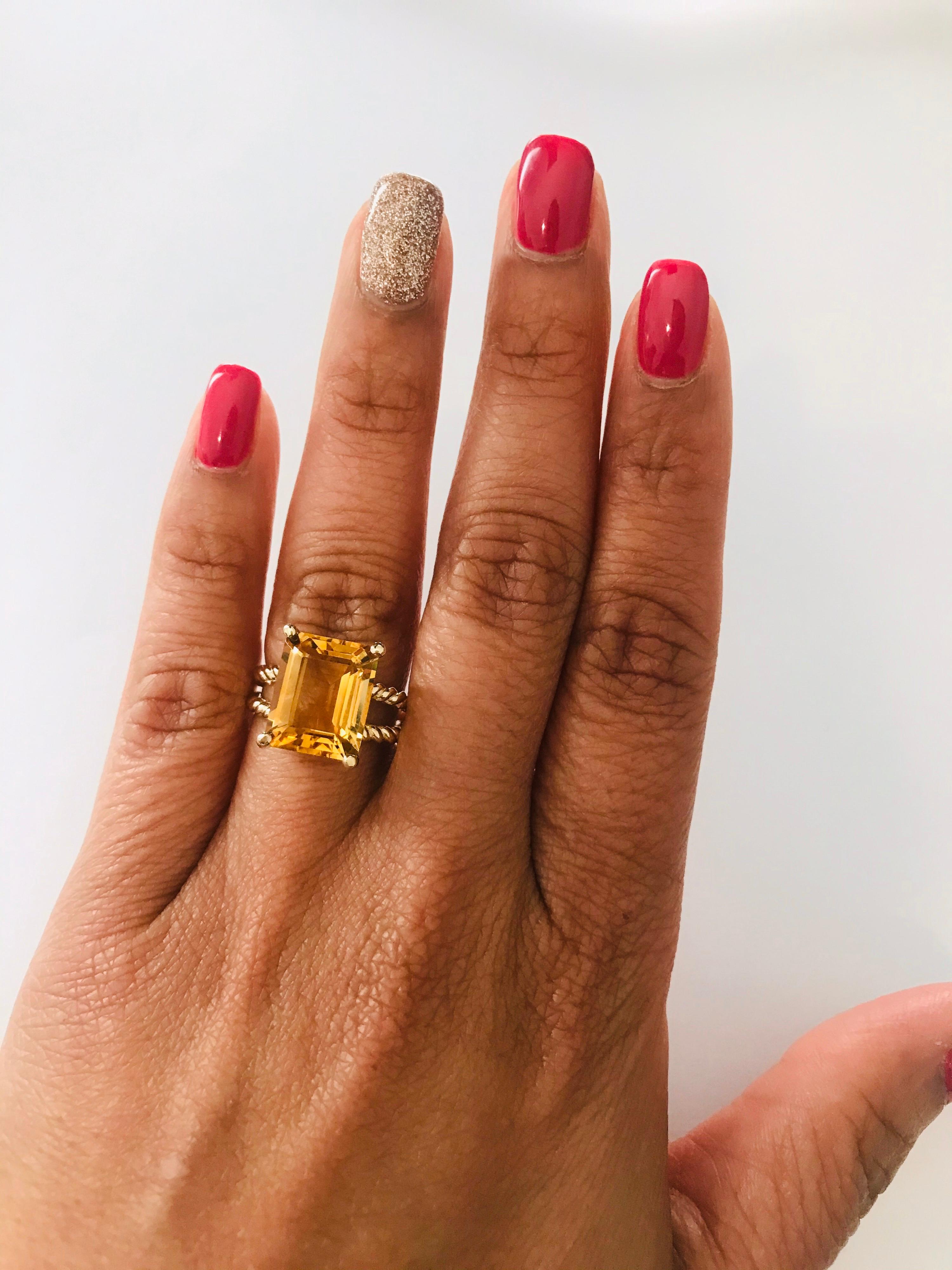 5.72 Carat Emerald Cut Citrine Quartz Yellow Gold Cocktail Ring 2