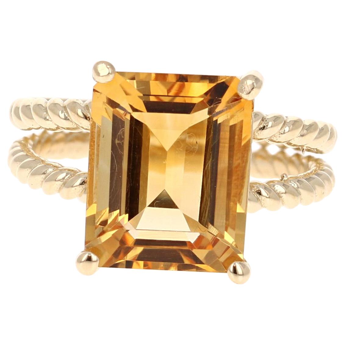 5.72 Carat Emerald Cut Citrine Quartz Yellow Gold Cocktail Ring