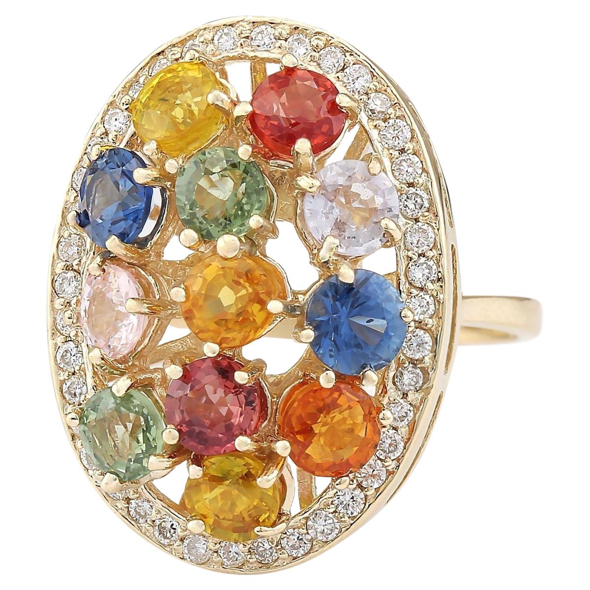 5.72 Carat Natural Sapphire 14 Karat Yellow Gold Diamond Ring
Stamped: 14K Yellow Gold
Total Ring Weight: 7.5 Grams
Total Natural Sapphire Weight is 5.22 Carat
Color: Multicolor
Total Natural Diamond Weight is 0.50 Carat
Color: F-G, Clarity: