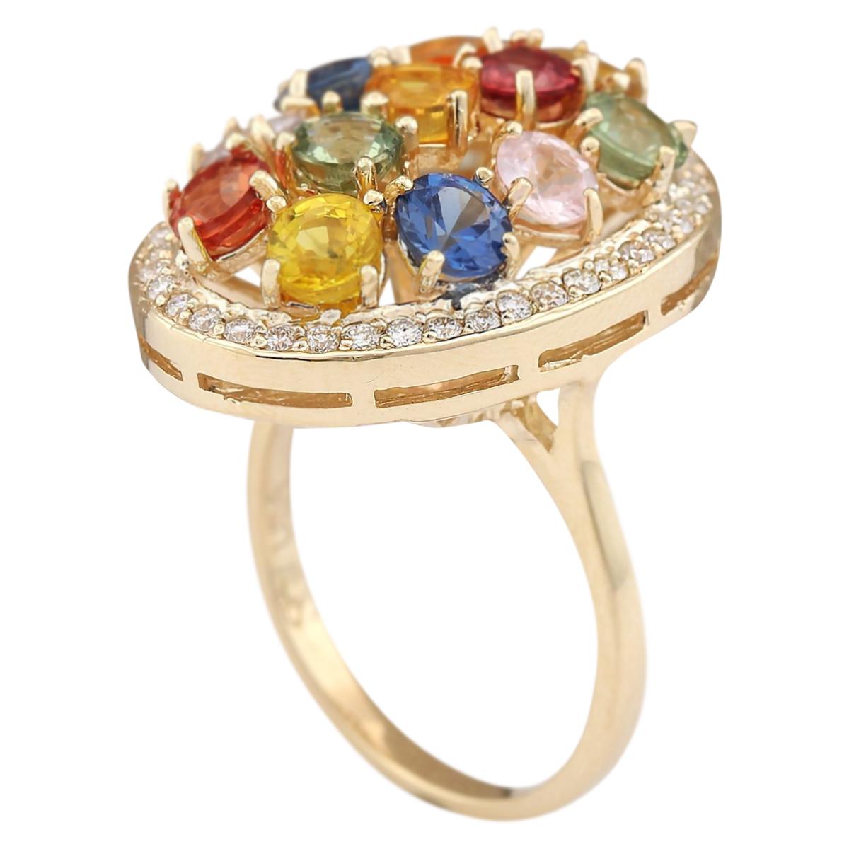 Round Cut Natural Sapphire 14 Karat Yellow Gold Diamond Ring For Sale