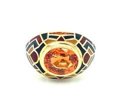 Spessartite Garnet Ring in Gold with Multi-Colored Vitreous Enamel, 5.72 Carats